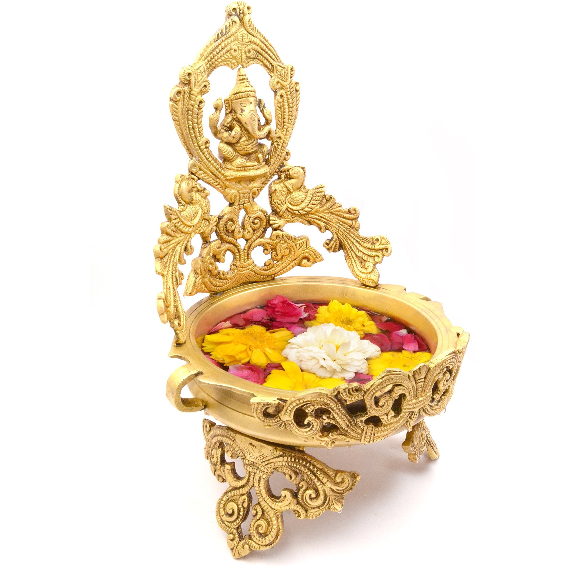 Two Moustaches Brass Peacock Design Ganesha Urli Showpiece, Yellow, 8.5 X 9.5 X 13.5 Inches, Standard, Pack of 1