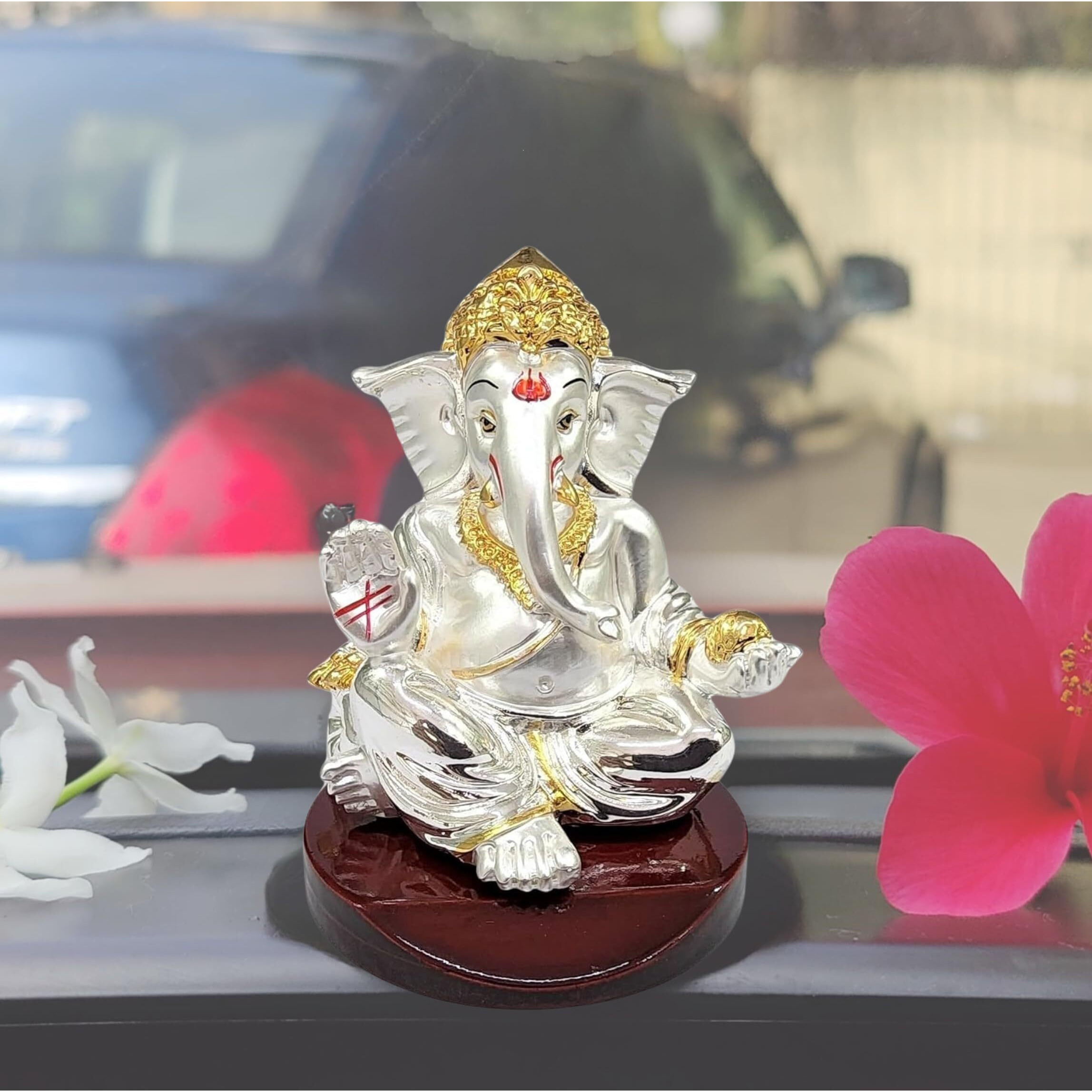 Electrum Kala udyam Ganesha Statue for Car Dashboard|Silver Plated Statue of Ganpati for Peace and Prosperity| Idol for Pooja, Office and Home Decor and Gifts (MDGADDITWOTONEMATTESIL)