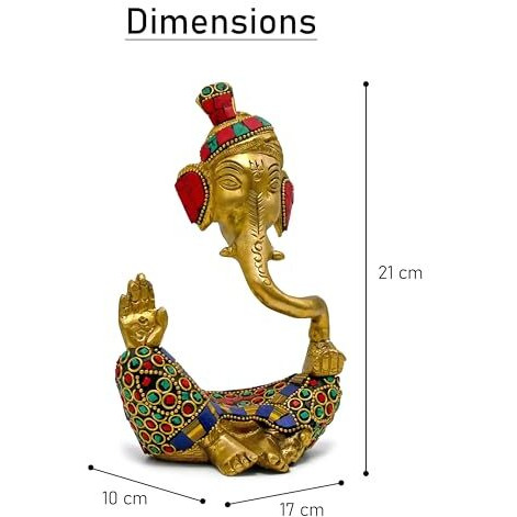 Pick End Now Brass Lord Ganesh On Trunk Idol for Table top Decor | Ganpati Lucky Feng Shui Home & Office Dcor Showpiece Figurines, Product Dimensions - 17 x 10 x 21Cm, 1200Gm