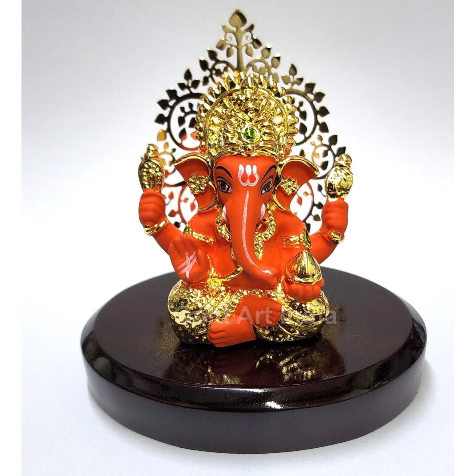Gold Art India Lord Ganesha Idol Kalpavruksh Tree Ganesh Idol for Home Entrance Ganesh Ji for Car Dashboard | Ganesh Murti for Home Decor, Gifting & Pooja Room Oval MDF Base (Orange)