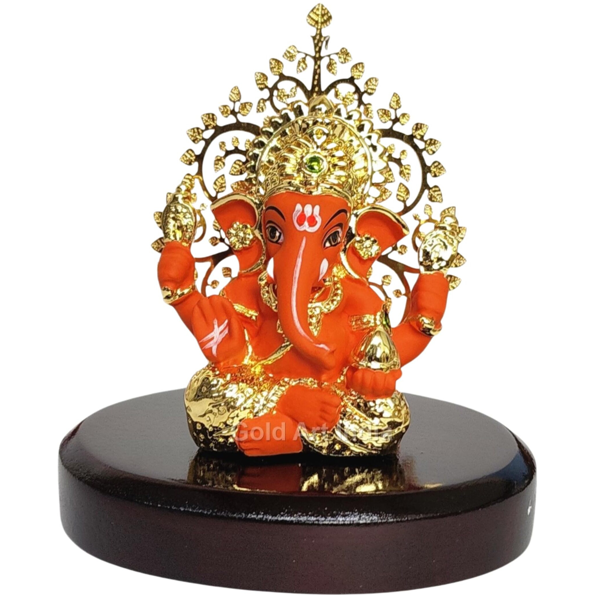 Gold Art India Lord Ganesha Idol Kalpavruksh Tree Ganesh Idol for Home Entrance Ganesh Ji for Car Dashboard | Ganesh Murti for Home Decor, Gifting & Pooja Room Oval MDF Base (Orange)