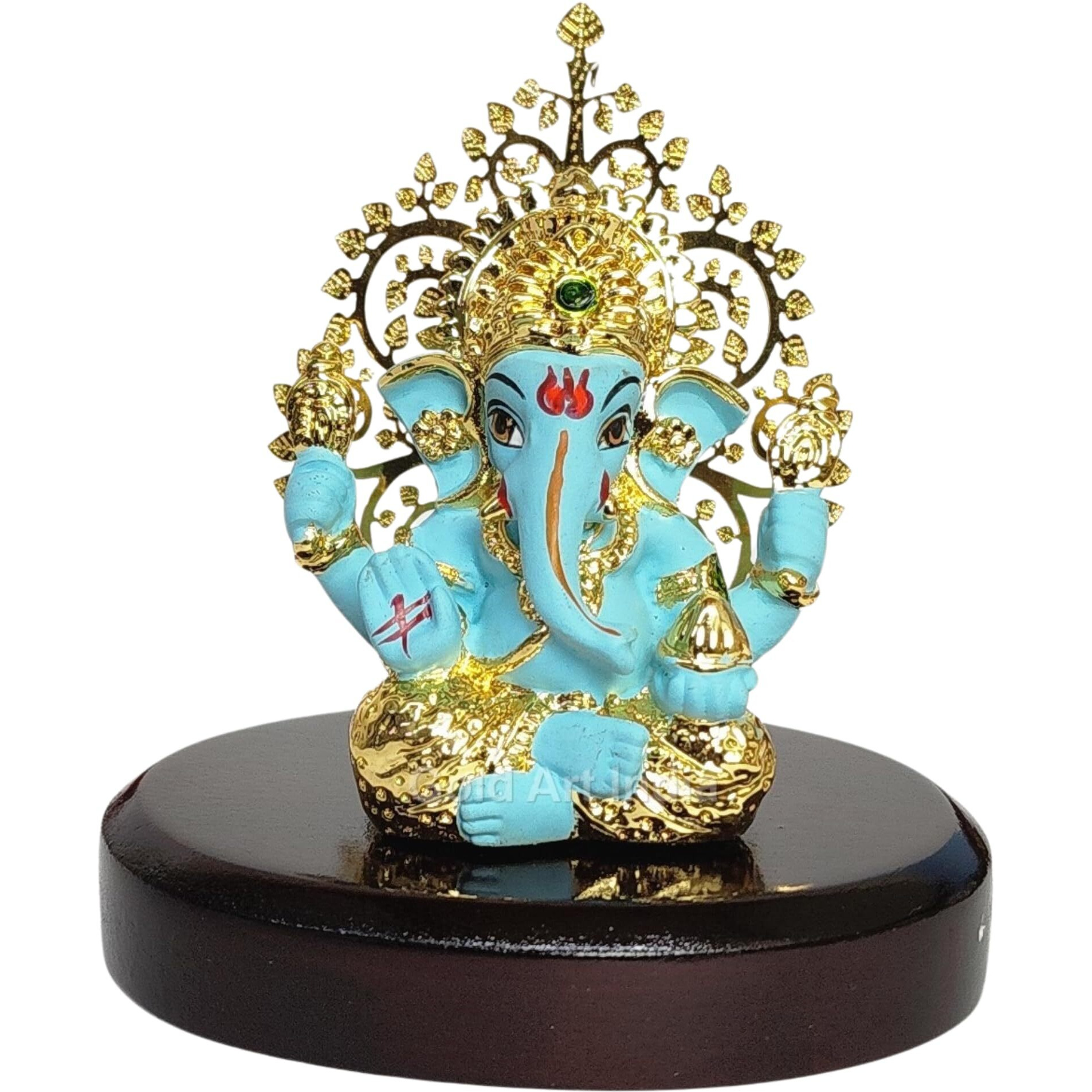 Gold Art India Lord Ganesha Idol Kalpavruksh Tree Ganesh Idol for Home Entrance Ganesh Ji for Car Dashboard | Ganesh Murti for Home Decor, Gifting & Pooja Room Oval MDF Base (Fluro Green)
