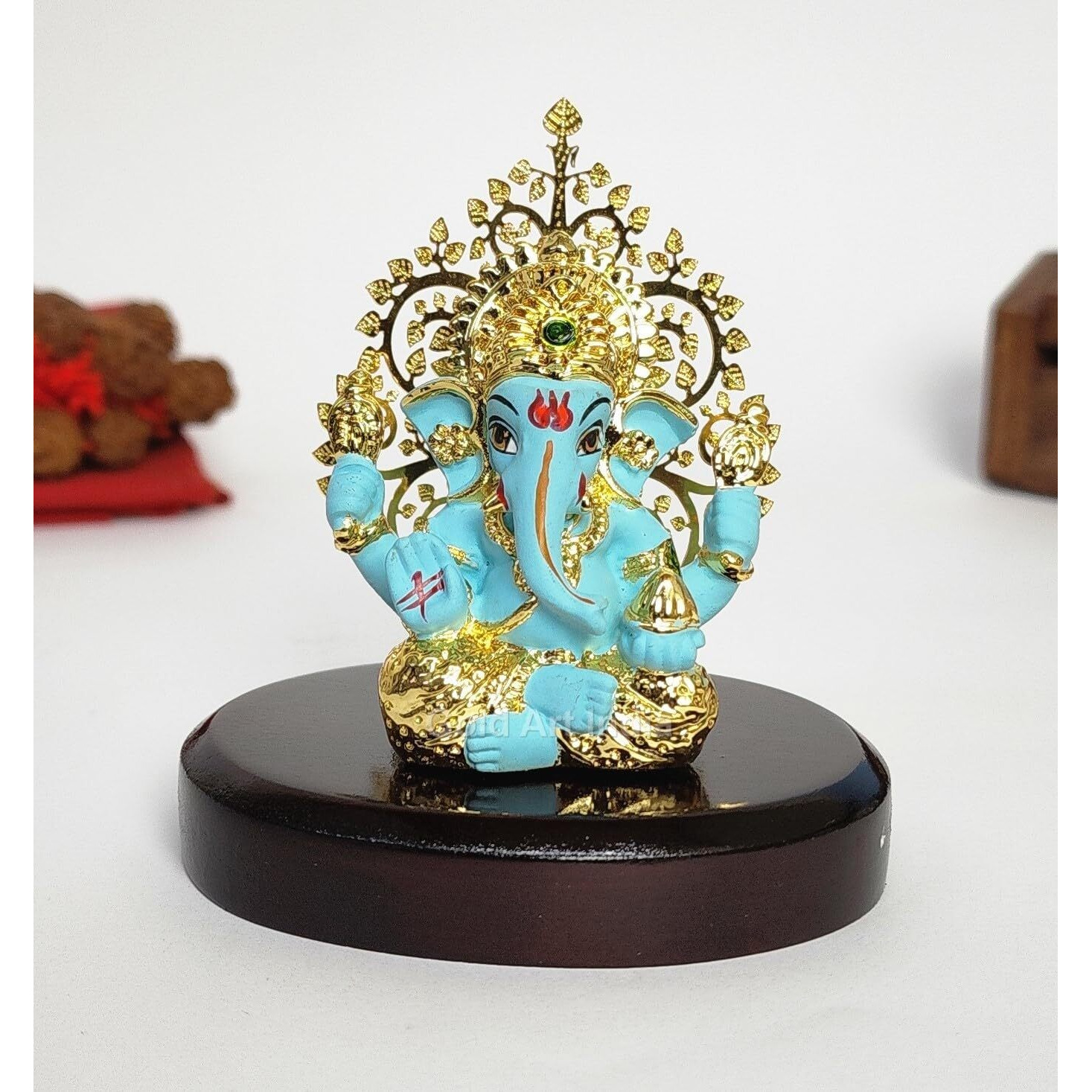 Gold Art India Lord Ganesha Idol Kalpavruksh Tree Ganesh Idol for Home Entrance Ganesh Ji for Car Dashboard | Ganesh Murti for Home Decor, Gifting & Pooja Room Oval MDF Base (Fluro Green)
