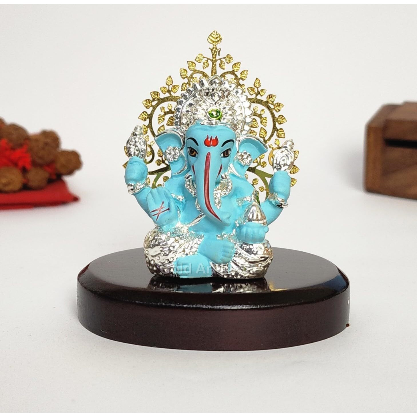 Gold Art India Lord Ganesha Idol Kalpavruksh Tree Ganesh Idol for Home Entrance Ganesh Ji for Car Dashboard | Ganesh Murti for Home Decor, Gifting & Pooja Room Oval MDF Base (SILFLUROGREEN)