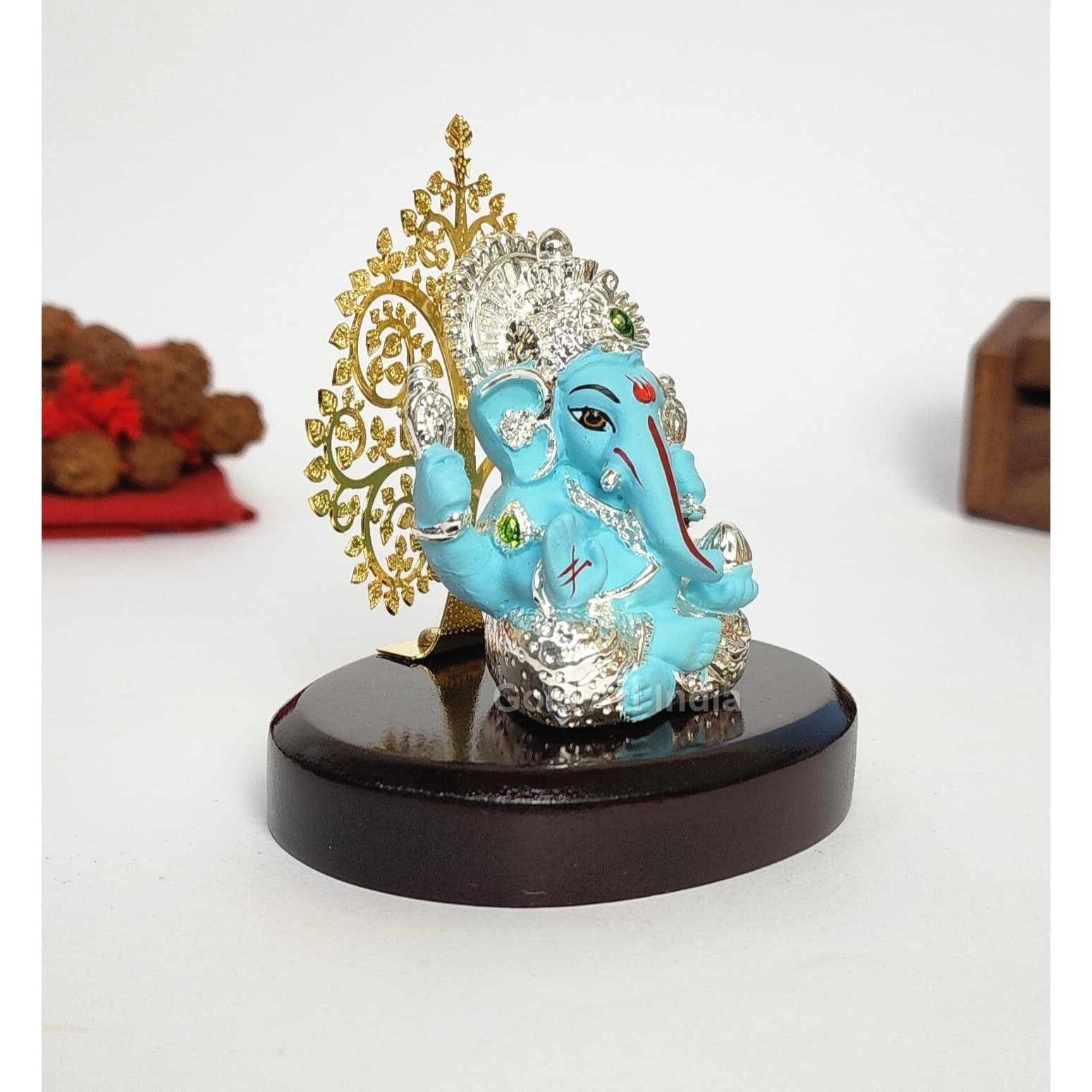 Gold Art India Lord Ganesha Idol Kalpavruksh Tree Ganesh Idol for Home Entrance Ganesh Ji for Car Dashboard | Ganesh Murti for Home Decor, Gifting & Pooja Room Oval MDF Base (SILFLUROGREEN)