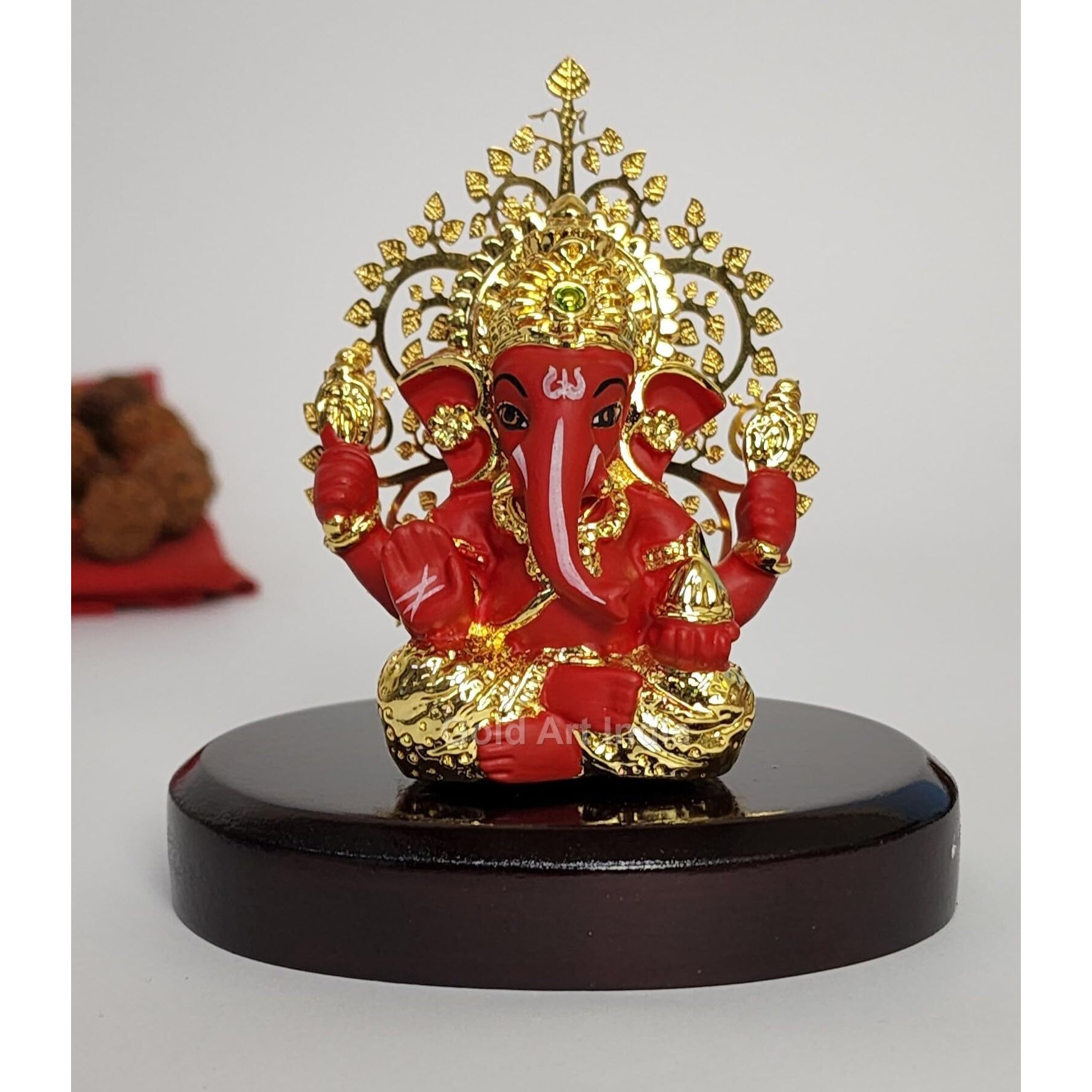 Gold Art India Lord Ganesha Idol Kalpavruksh Tree Ganesh Idol for Home Entrance Ganesh Ji for Car Dashboard | Ganesh Murti for Home Decor, Gifting & Pooja Room Oval MDF Base (Red)