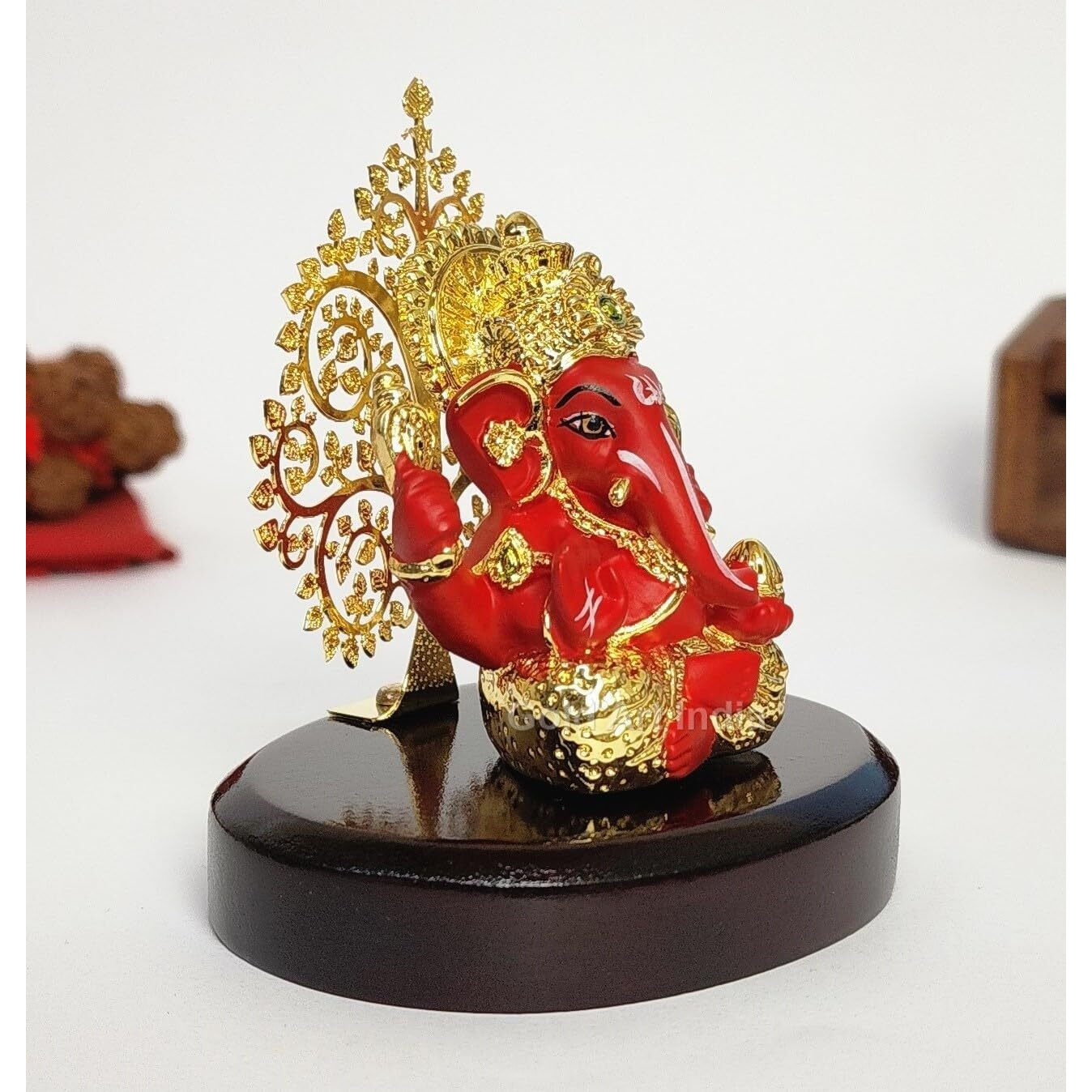 Gold Art India Lord Ganesha Idol Kalpavruksh Tree Ganesh Idol for Home Entrance Ganesh Ji for Car Dashboard | Ganesh Murti for Home Decor, Gifting & Pooja Room Oval MDF Base (Red)