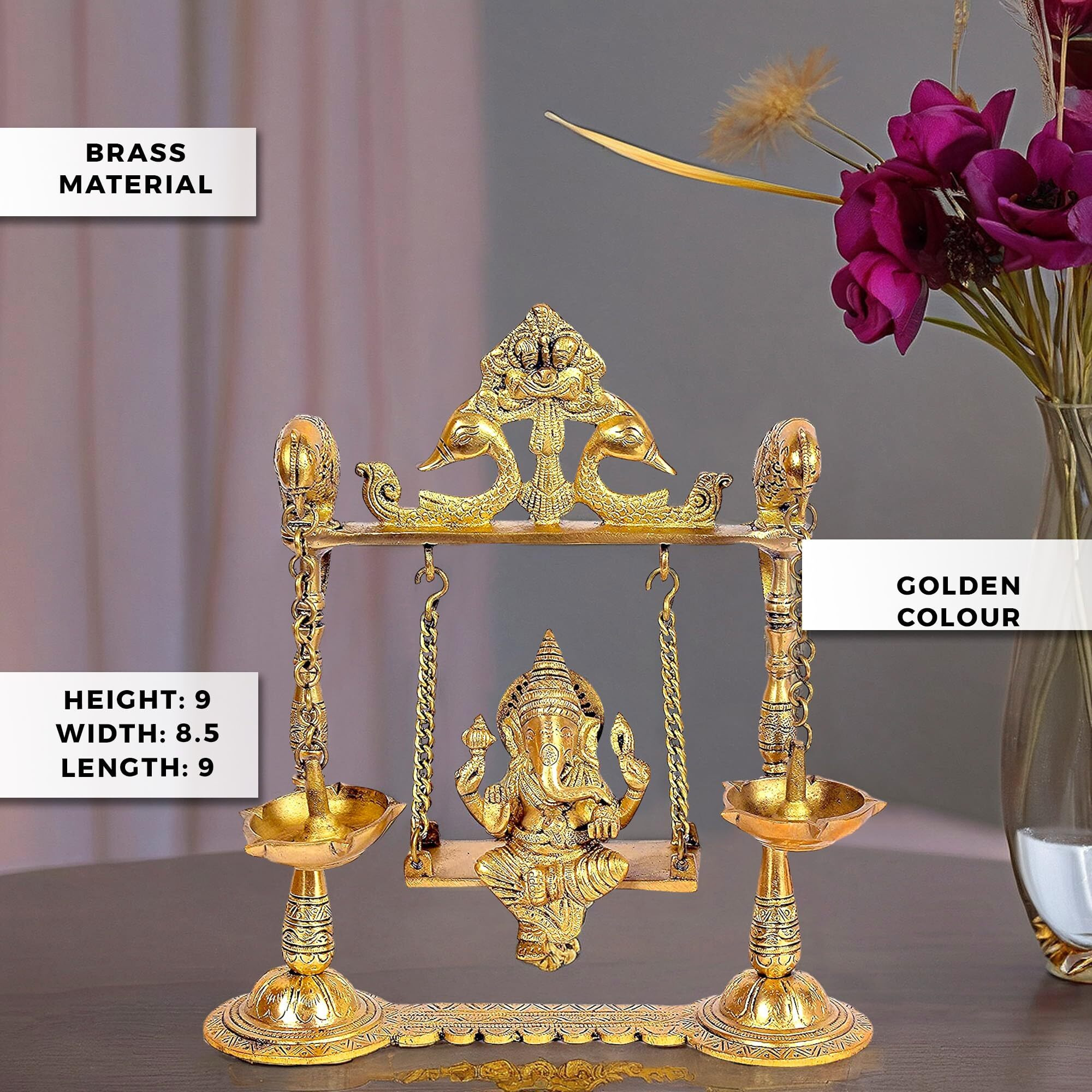 Amazon Brand - Umi Brass Ganesha on a Swing with Two Parrot Holding Oil Lamp for Home Decor (Golden) Height- 8.5 Inches