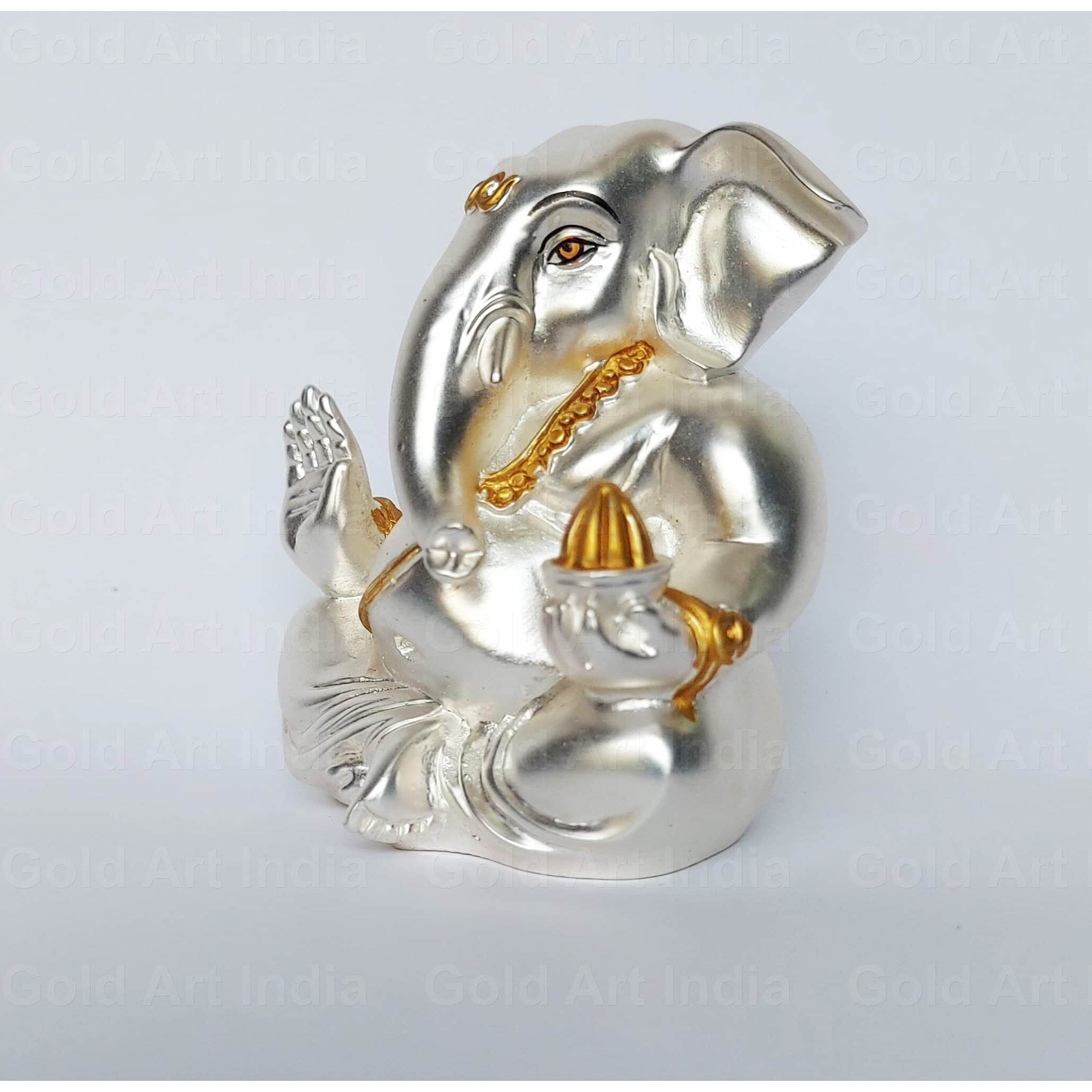 Gold Art India Matte Silver Plated Appu Ganesha Matte Silver Ganesh Idol for Car Dashboard Ganesha Murti Ganpati Idol for Home Decor Puja Lord Ganesh Statue Gift for Office Desk Puja Room Figurine