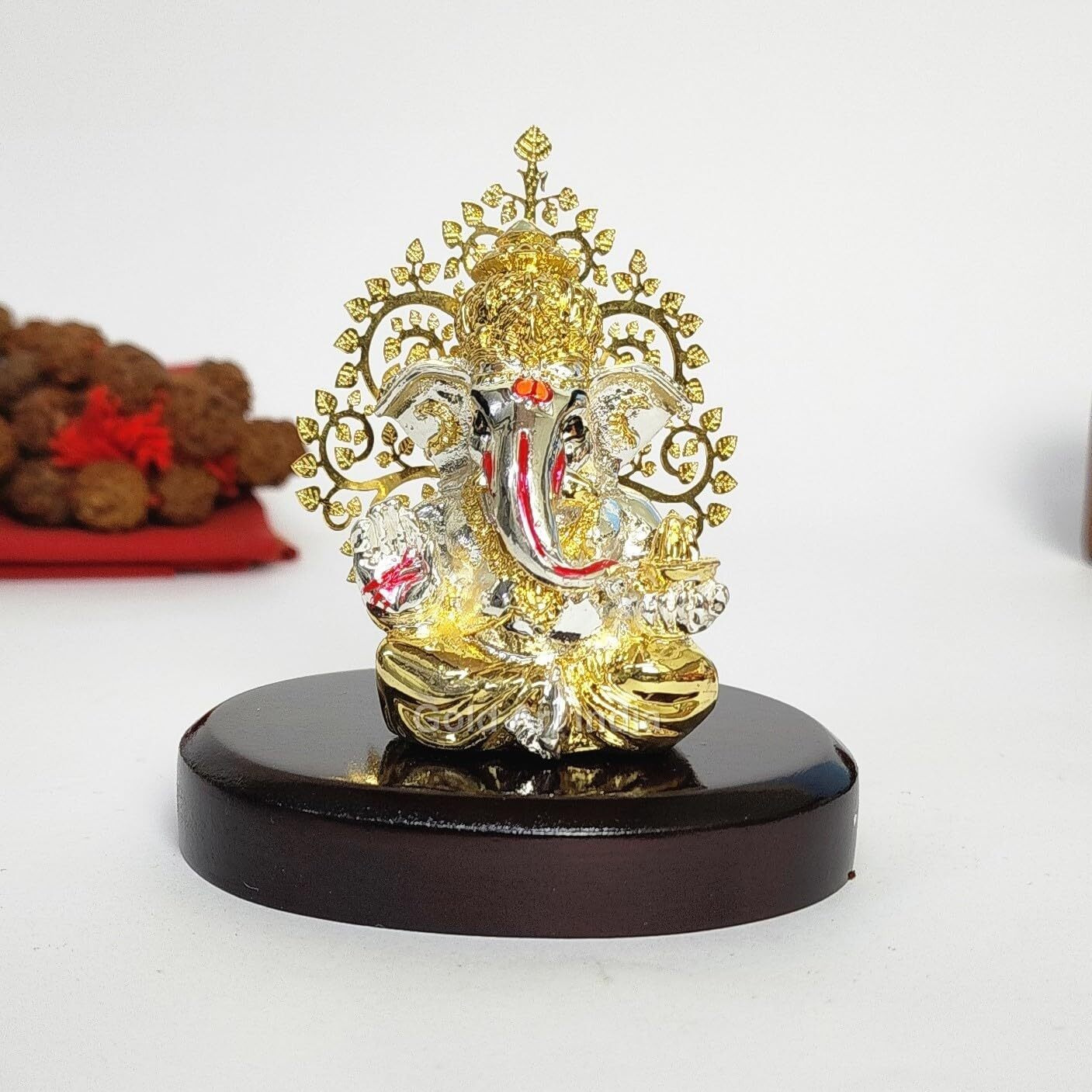 Gold Art India Lord Ganesha Idol Kalpavruksh Tree Ganesh Idol for Home Entrance Ganesh Ji for Car Dashboard | Ganesh Murti for Home Decor, Gifting & Pooja Room Oval MDF Base (Two Tone)