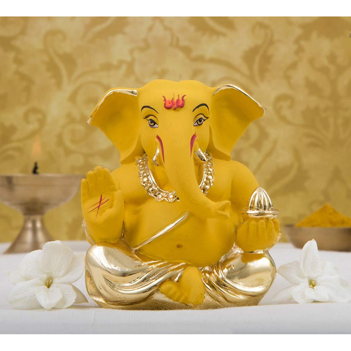 Gold Art India Ceramic Mango Appu Ganesha Idols 5 X 4 X 3 Cm Gold Ganesh Idol For Car Dashboard Ganesha Murti Ganpati Idol For Home Decor Puja Lord Ganesh Statue Gift For Office Desk Puja Room