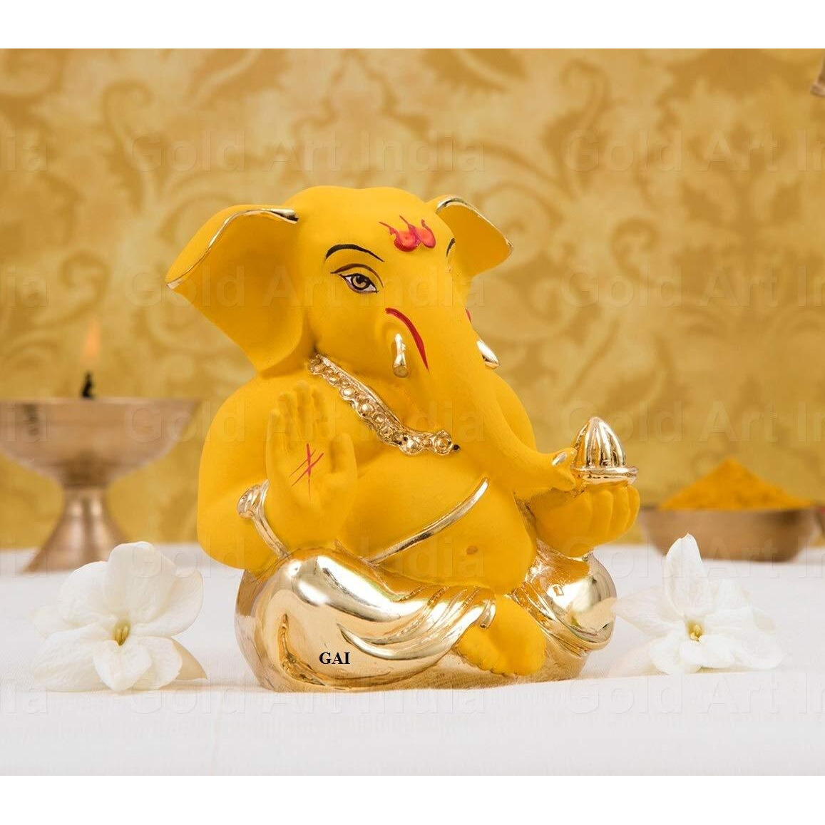 Gold Art India Ceramic Mango Appu Ganesha Idols 5 X 4 X 3 Cm Gold Ganesh Idol For Car Dashboard Ganesha Murti Ganpati Idol For Home Decor Puja Lord Ganesh Statue Gift For Office Desk Puja Room