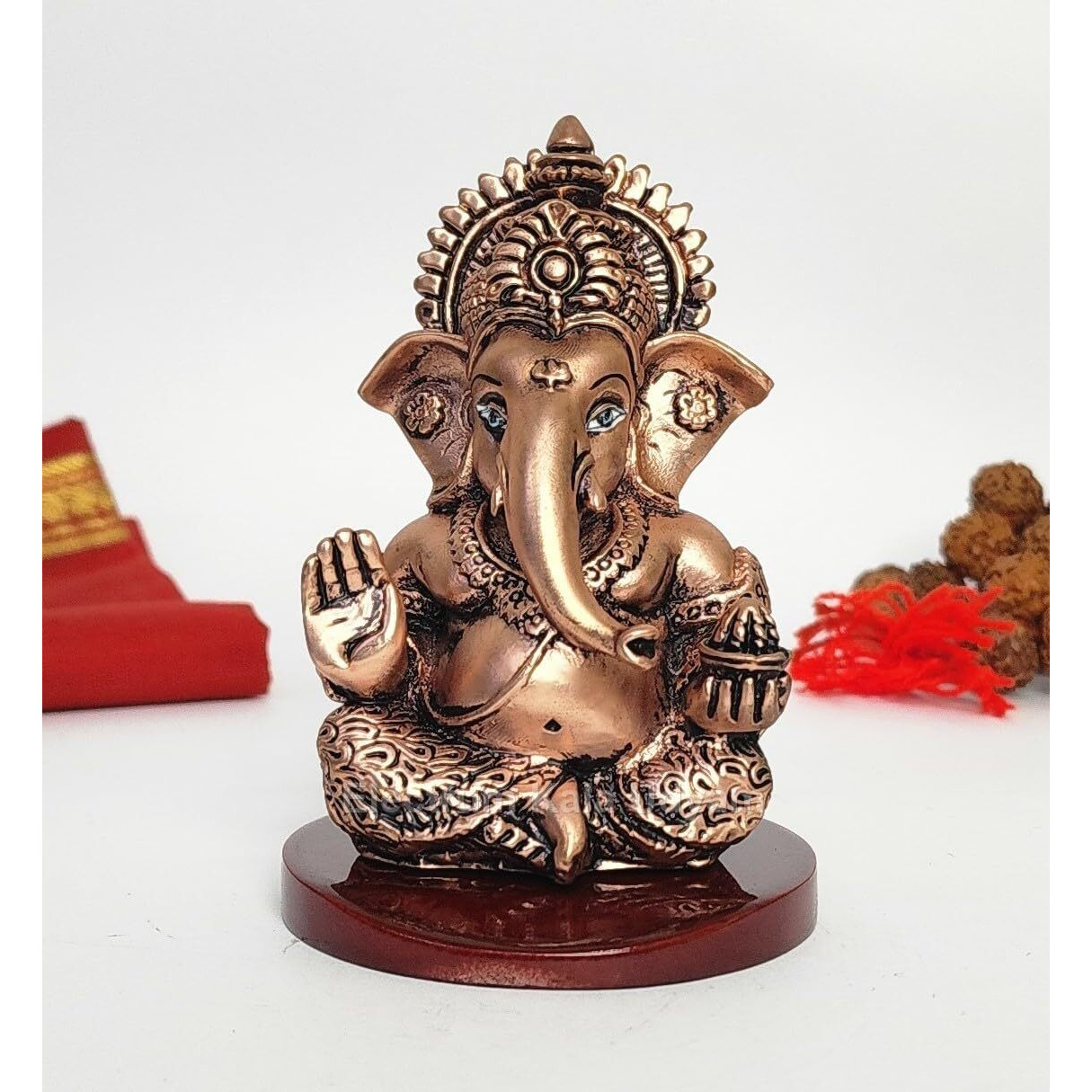 Electrum Kala udyam Mukut Ganesh Copper Plated Ganesha Idol with Matte Antique Finish | Premium Ganpati Murti for Home Dcor for Home Temple, Office Desk, and Car Dashboard - 3.5