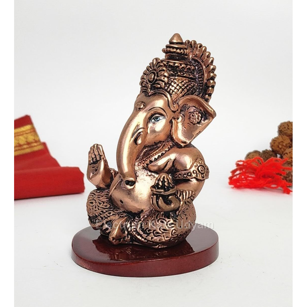Electrum Kala udyam Mukut Ganesh Copper Plated Ganesha Idol with Matte Antique Finish | Premium Ganpati Murti for Home Dcor for Home Temple, Office Desk, and Car Dashboard - 3.5