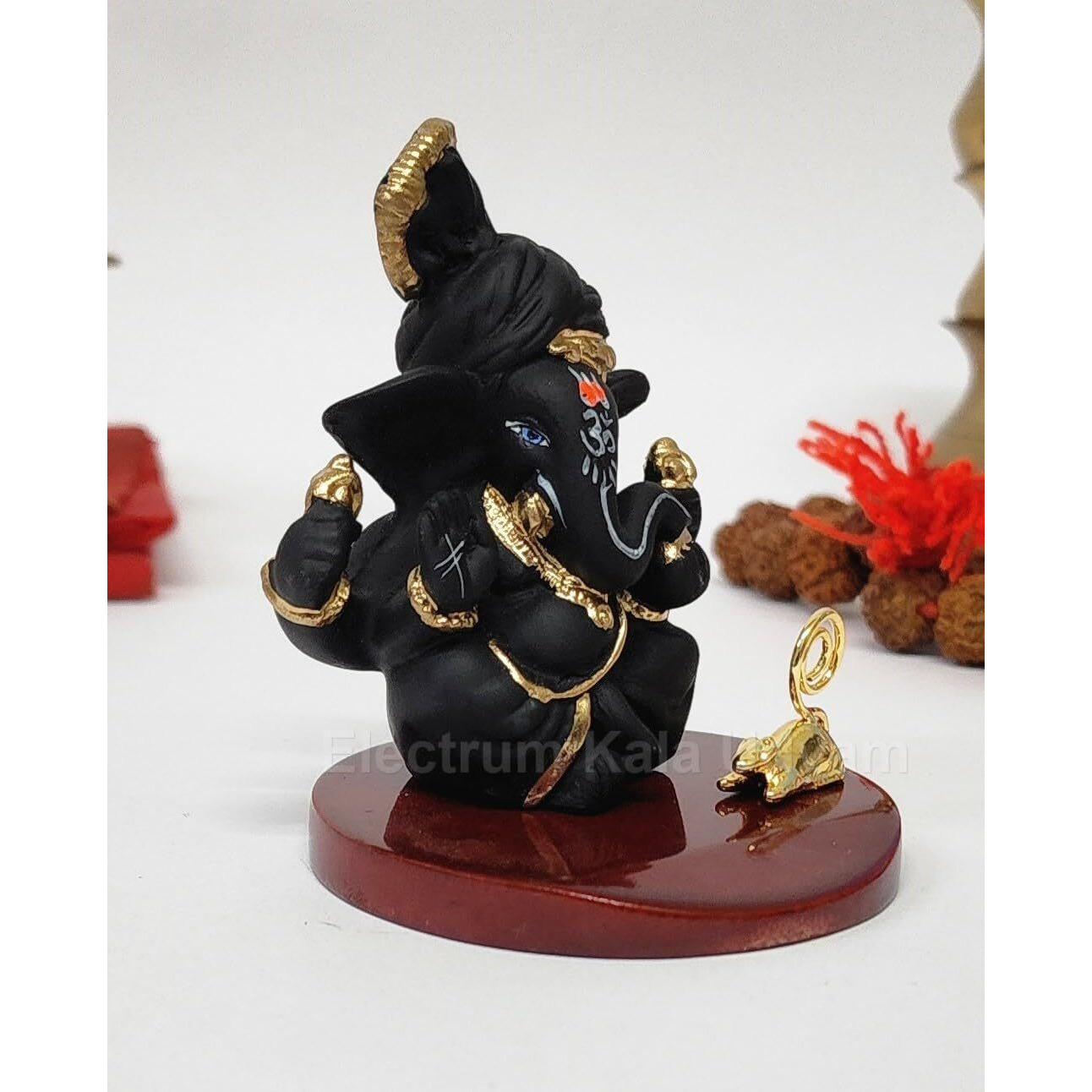 Electrum Kala udyam Pagadi Ganesh Black Terracotta Ganesha Idol with Gold Plated Mooshak | Premium Ganpati Murti for Home Dcor for Home Temple, Office Desk, and Car Dashboard - 3