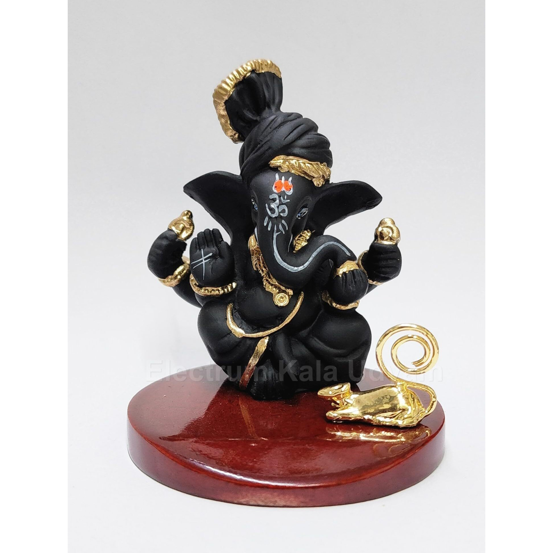 Electrum Kala udyam Pagadi Ganesh Black Terracotta Ganesha Idol with Gold Plated Mooshak | Premium Ganpati Murti for Home Dcor for Home Temple, Office Desk, and Car Dashboard - 3