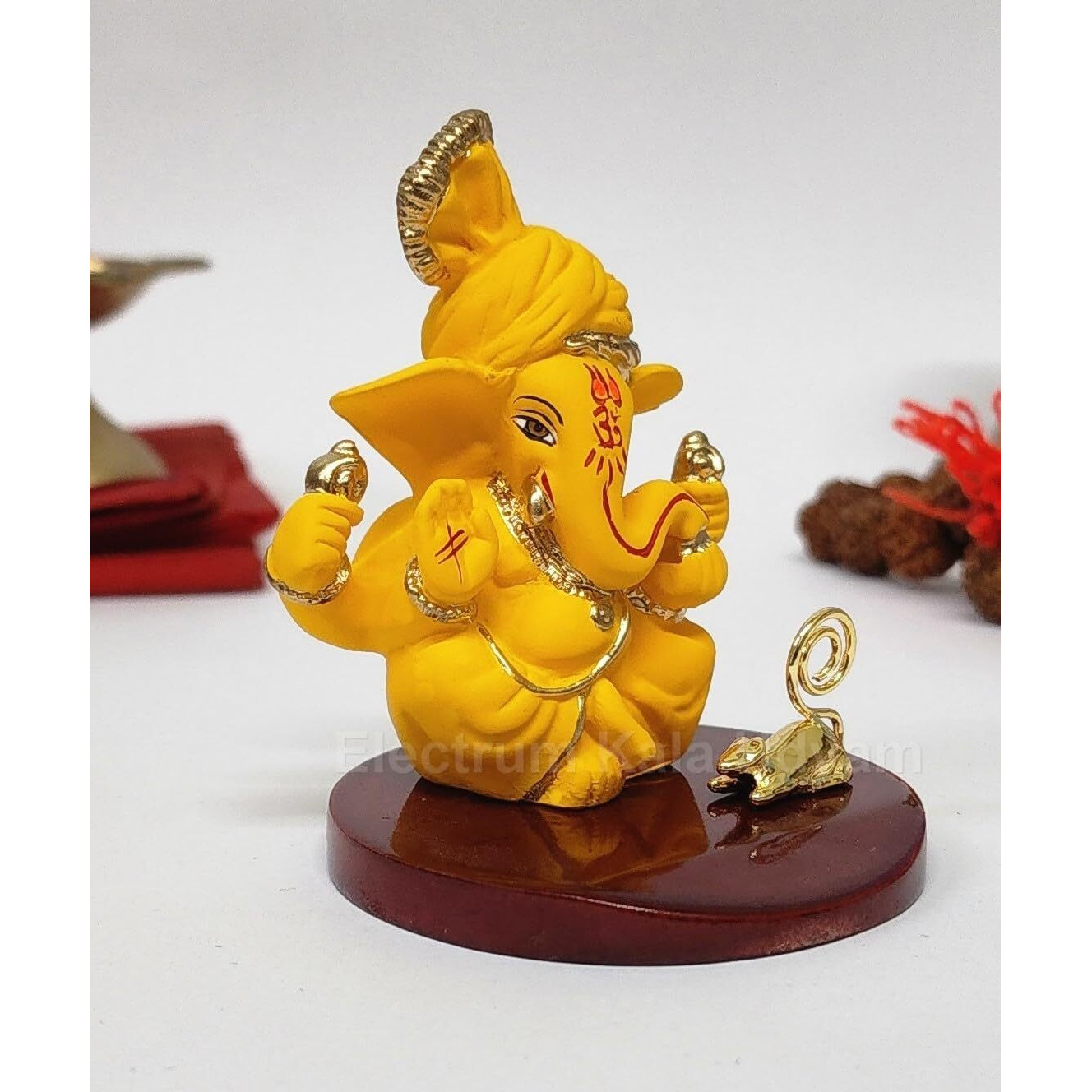 Electrum Kala udyam Pagadi Ganesh MangoTerracotta Ganesha Idol with Gold Plated Mooshak | Premium Ganpati Murti for Home Dcor for Home Temple, Office Desk, and Car Dashboard - 3