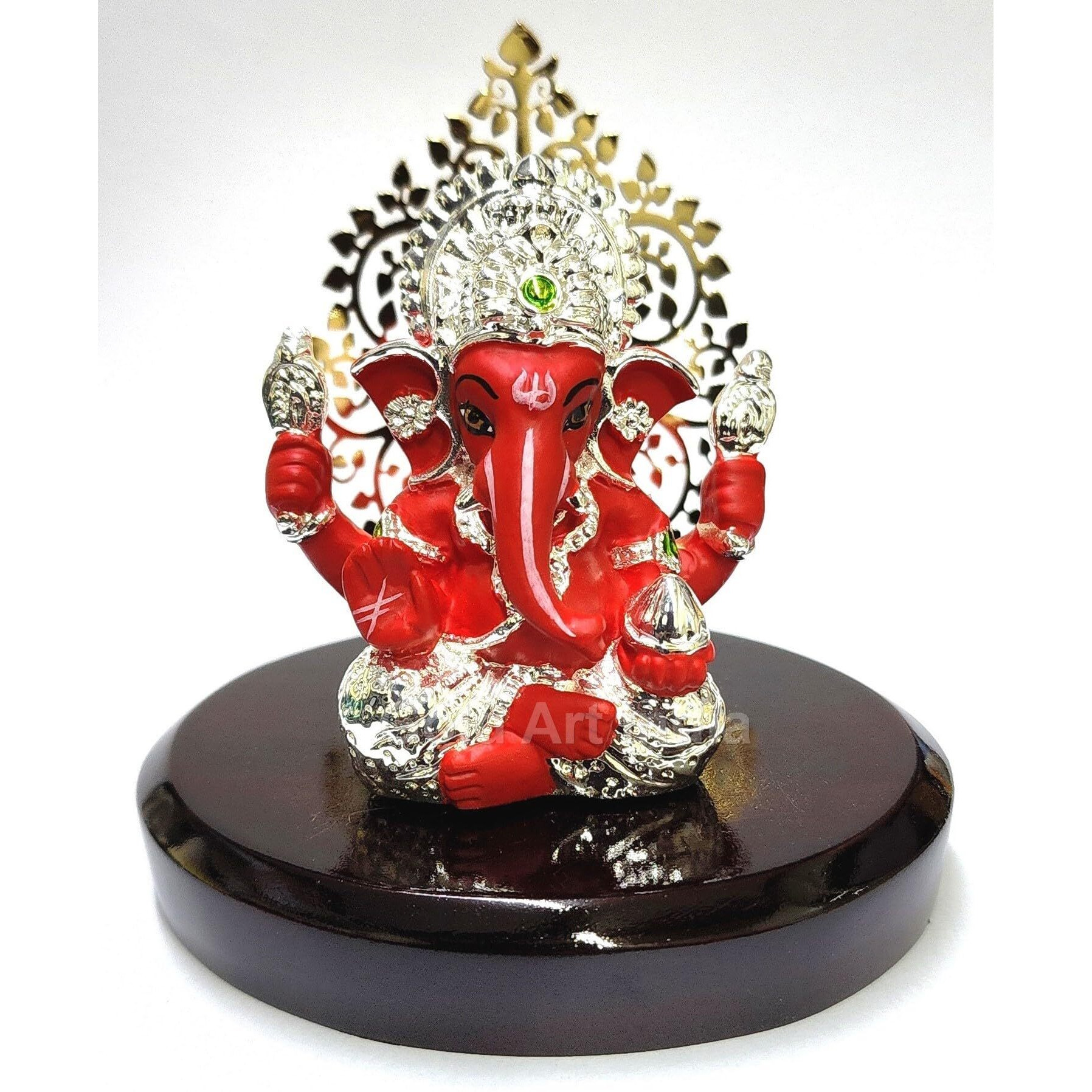 Gold Art India Lord Ganesha Idol Kalpavruksh Tree Ganesh Idol for Home Entrance Ganesh Ji for Car Dashboard | Ganesh Murti for Home Decor, Gifting & Pooja Room Oval MDF Base (Silver Red)