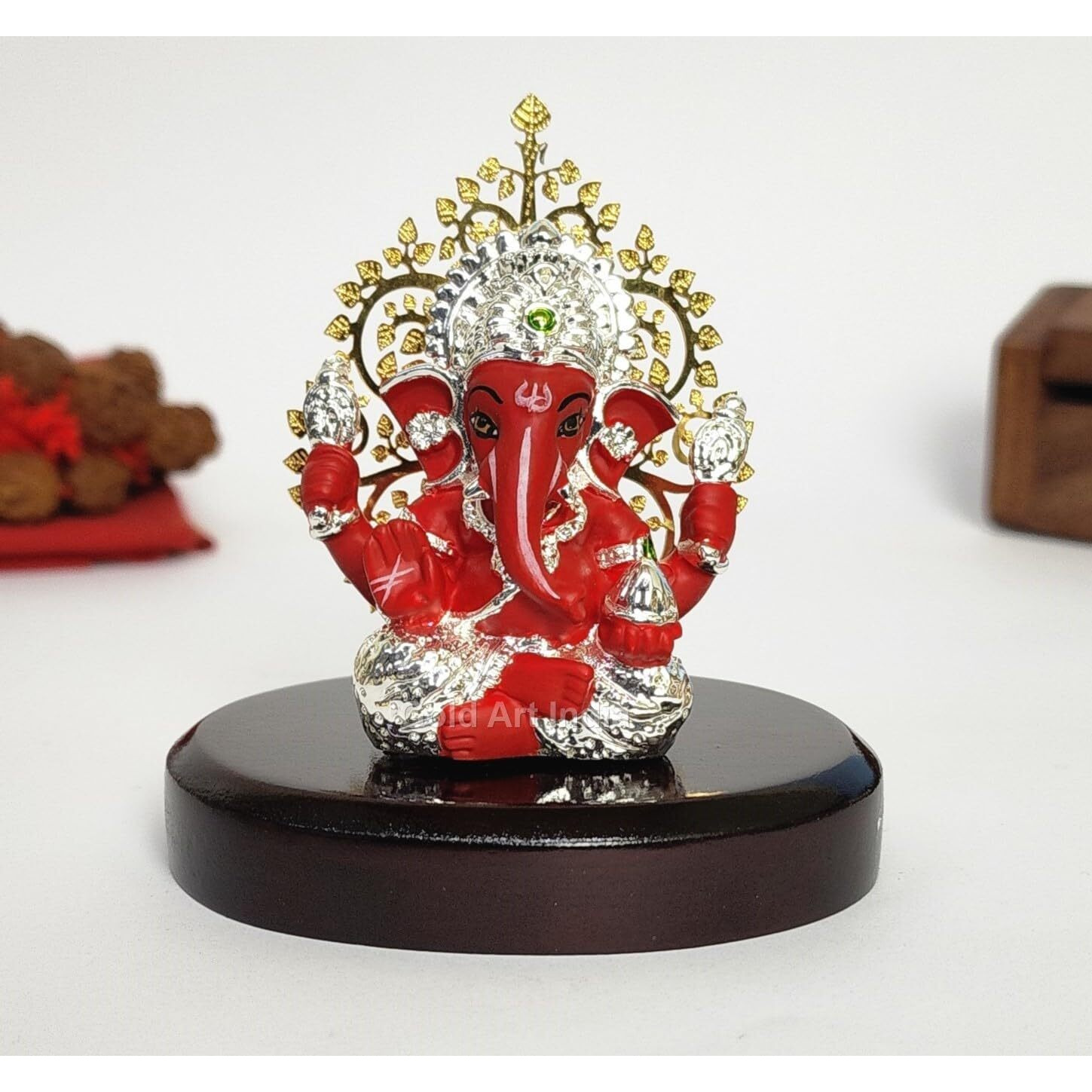 Gold Art India Lord Ganesha Idol Kalpavruksh Tree Ganesh Idol for Home Entrance Ganesh Ji for Car Dashboard | Ganesh Murti for Home Decor, Gifting & Pooja Room Oval MDF Base (Silver Red)