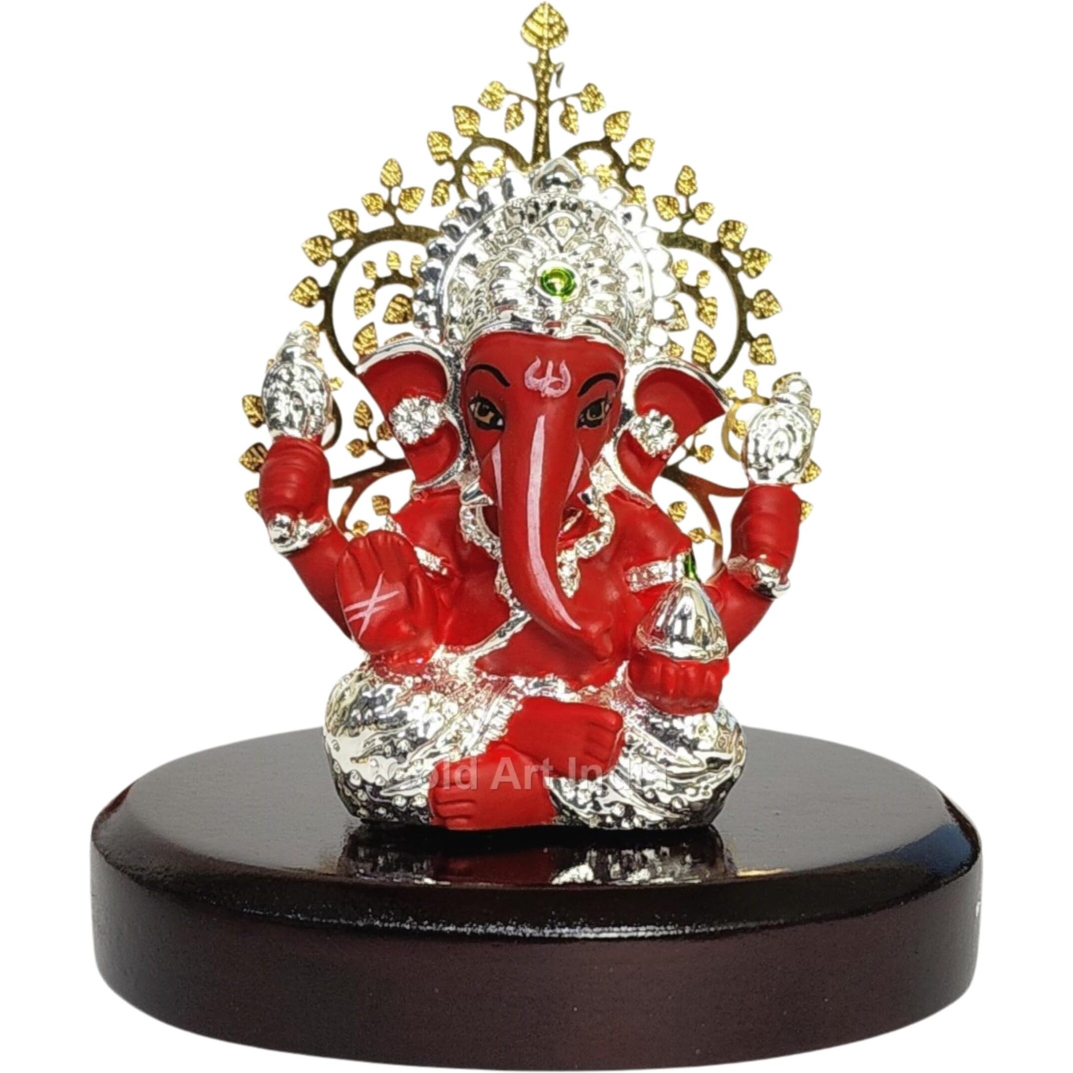 Gold Art India Lord Ganesha Idol Kalpavruksh Tree Ganesh Idol for Home Entrance Ganesh Ji for Car Dashboard | Ganesh Murti for Home Decor, Gifting & Pooja Room Oval MDF Base (Silver Red)