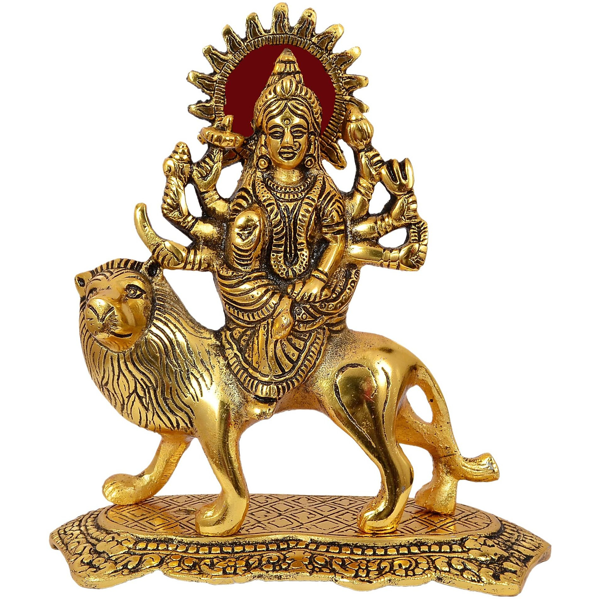 Nexplora Industries Pvt. Ltd. Metal Durga Maa Idol Showpiece Figurine, Sherawali Ambe Maa Murti Statue for Pooja Gift, Height 20 cm, Gold Antique Finish
