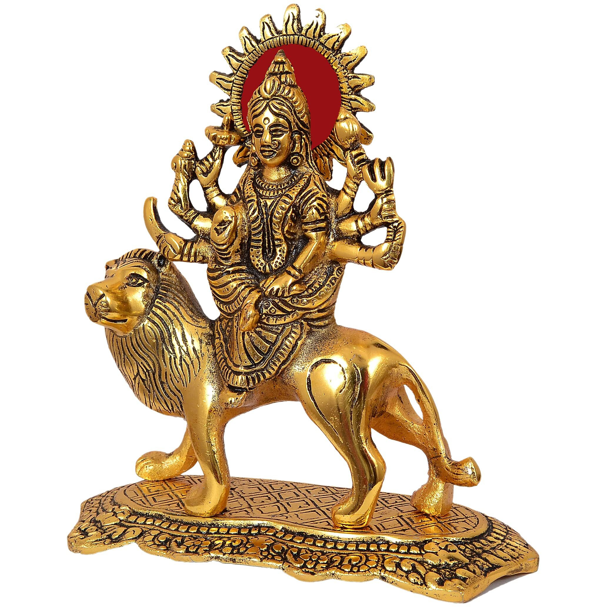 Nexplora Industries Pvt. Ltd. Metal Durga Maa Idol Showpiece Figurine, Sherawali Ambe Maa Murti Statue for Pooja Gift, Height 20 cm, Gold Antique Finish