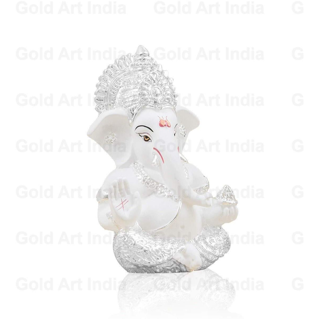 Gold Art India Silver Finish Ganesh Idol For Car Dashboard Ganesha Murti Ganpati Idol For Home Decor Puja Lord Ganesh Statue Gift For Office Desk Puja Room Figurine