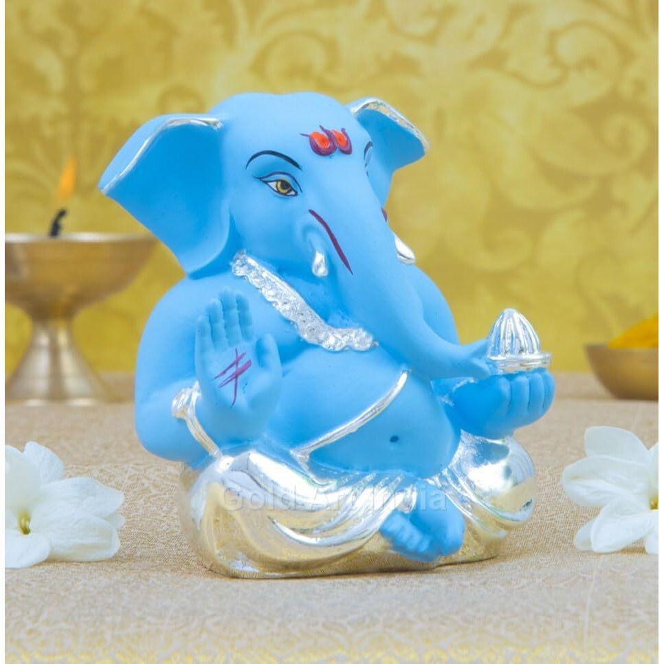 Gold Art India Ceramic Ganesha in Terracotta, 5 X 3 X 4 Cm, Silver and Blue Ganesh Idol for Car Dashboard Small Ganesha Murti Ganpati Idol for Home Decor Puja Lord Ganesh Statue Gift for Office Desk