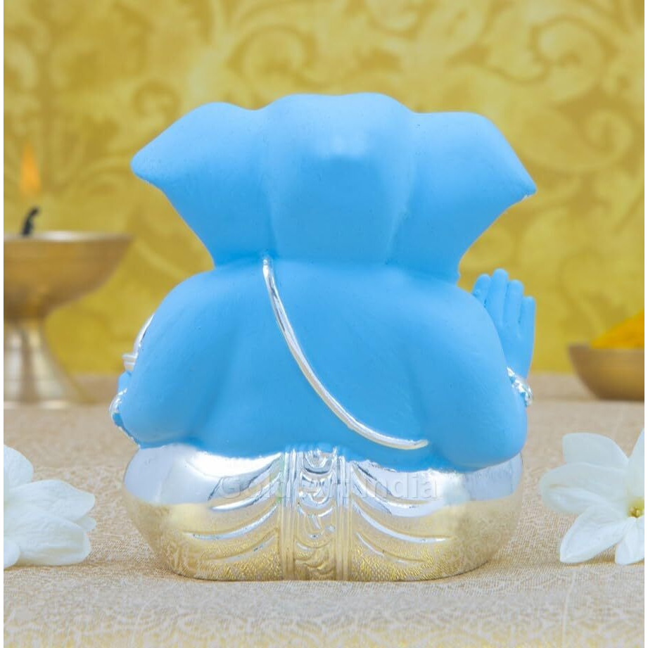 Gold Art India Ceramic Ganesha in Terracotta, 5 X 3 X 4 Cm, Silver and Blue Ganesh Idol for Car Dashboard Small Ganesha Murti Ganpati Idol for Home Decor Puja Lord Ganesh Statue Gift for Office Desk