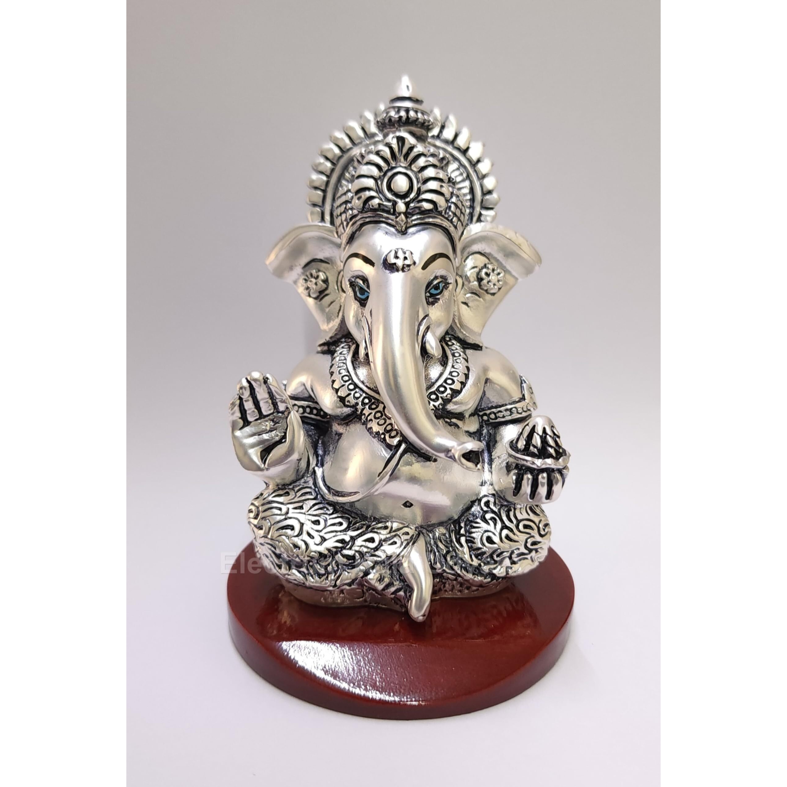 Electrum Kala Udyam Ganesha on MDF Base | 999 Silver Plated | Ganesha idol for Home Decor, Ganpati murti for Car Dashboard & Ganesh statue for Gifting | 3.5 inch(MUKUTSILVERANTIQUEMDF)