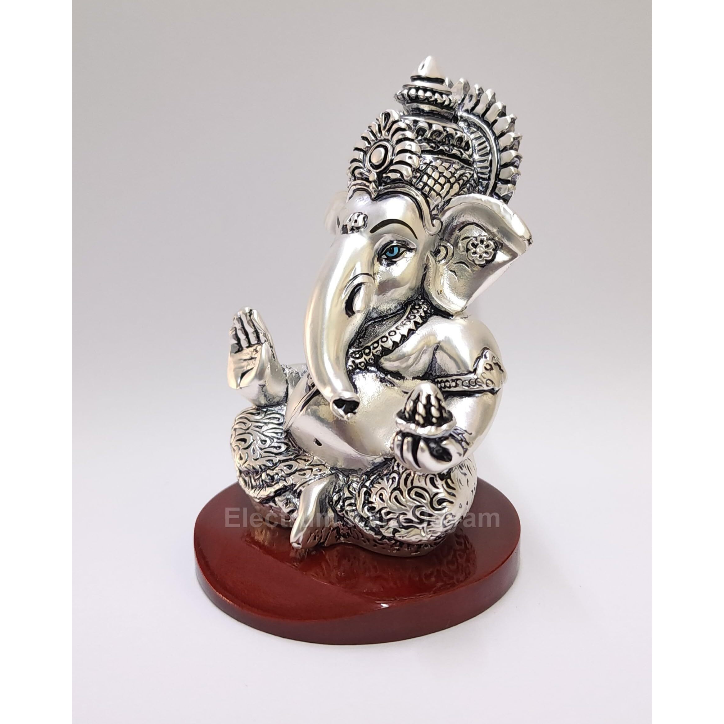 Electrum Kala Udyam Ganesha on MDF Base | 999 Silver Plated | Ganesha idol for Home Decor, Ganpati murti for Car Dashboard & Ganesh statue for Gifting | 3.5 inch(MUKUTSILVERANTIQUEMDF)