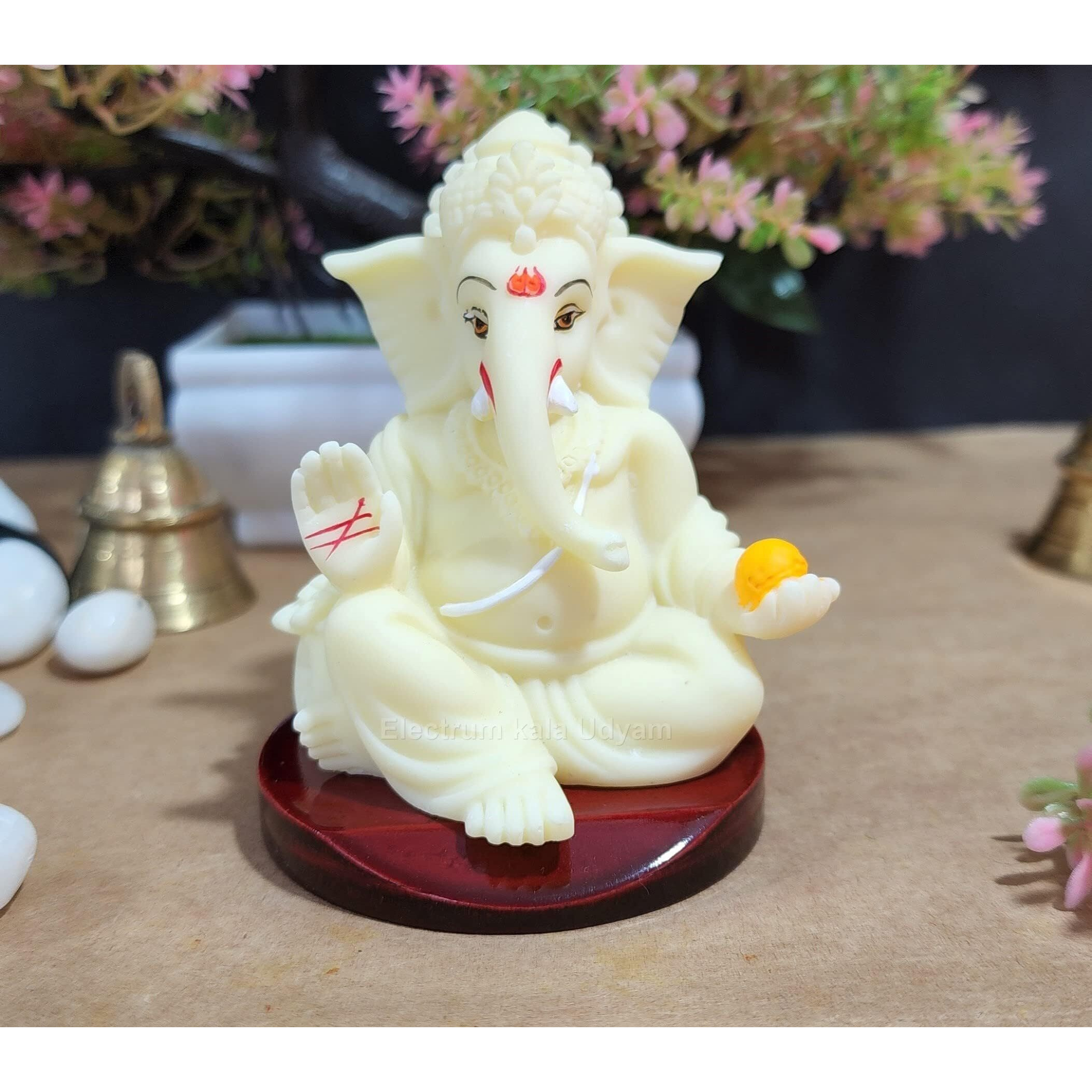 Electrum Kala Udyam Gaddi Ganesha with MDF Base | Ganpati for Car Dashboard, Home, Desk and Office | Perfect for Housewarming Gifts and Festivals (MDFGADDIIVORY)