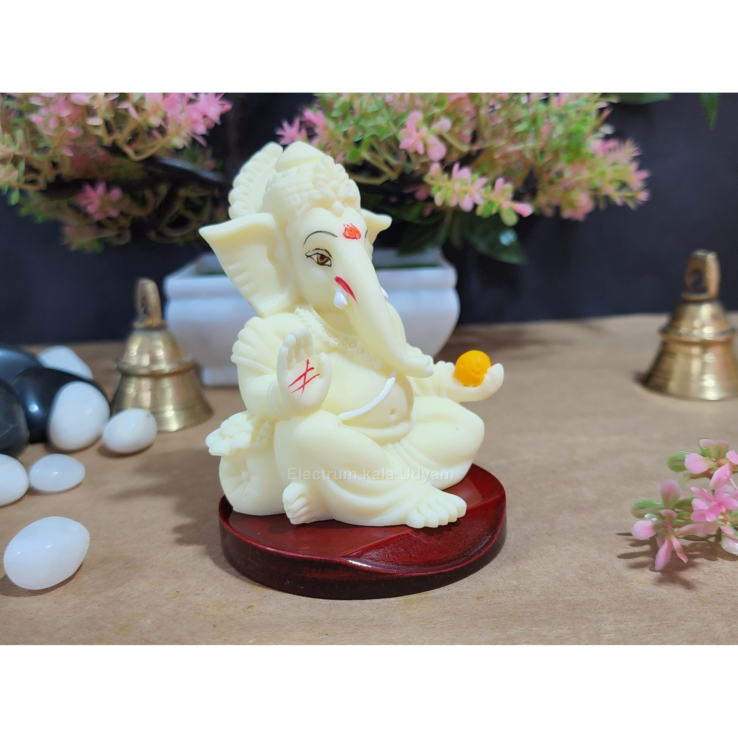 Electrum Kala Udyam Gaddi Ganesha with MDF Base | Ganpati for Car Dashboard, Home, Desk and Office | Perfect for Housewarming Gifts and Festivals (MDFGADDIIVORY)