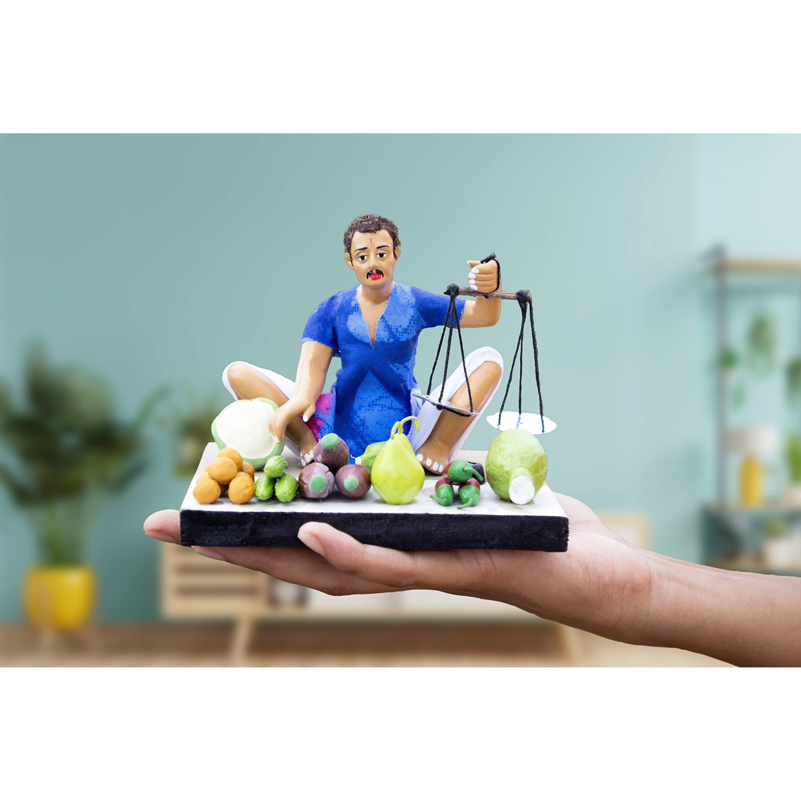 Niharika Collections Krishnanagar Handmade Clay Gift & Decor Sitting Human Figure Miniature Idol (Vegetable Seller-Basic)