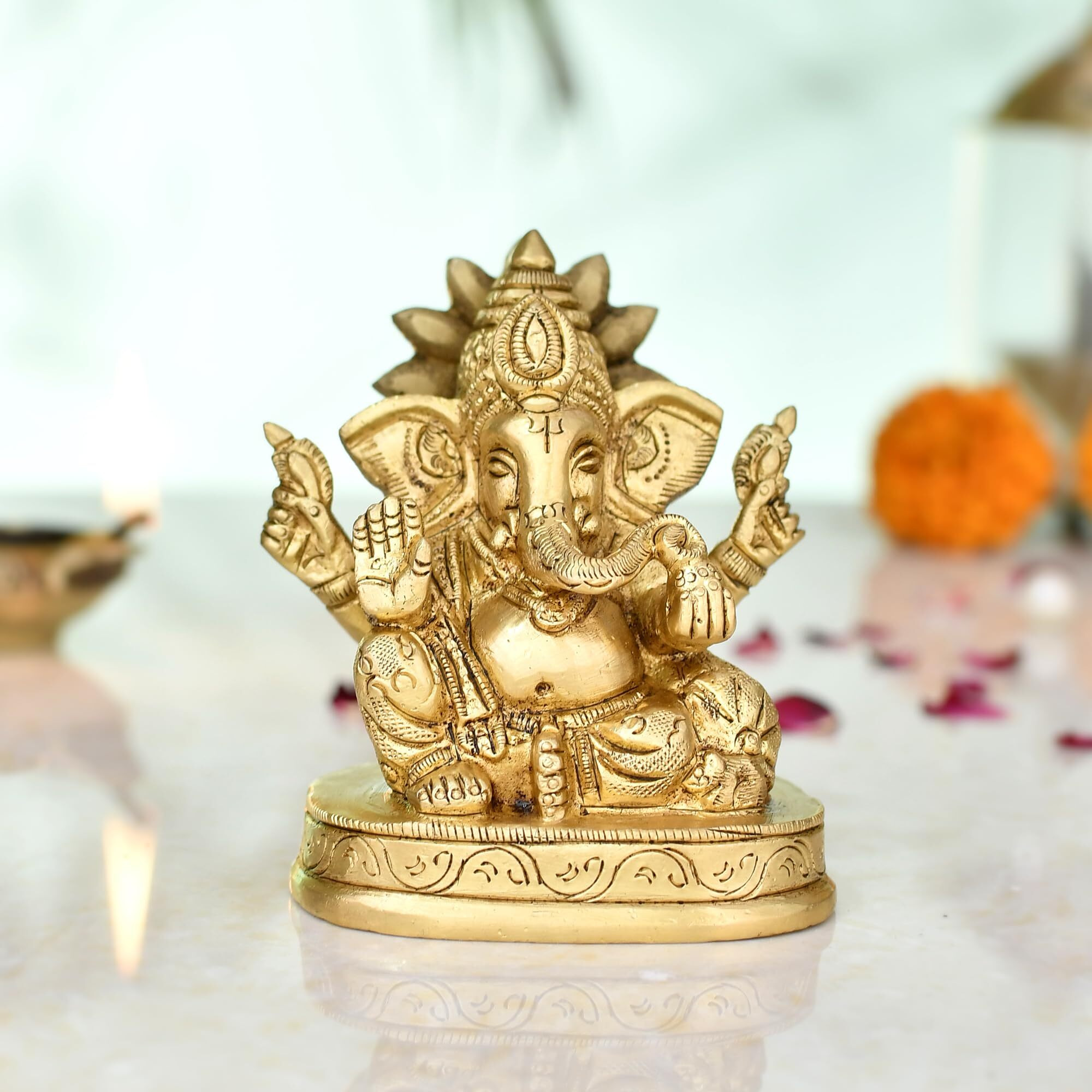 CraftVatika Ganesha Brass Idol Sitting on Base - Ganpati Sitting Idol Brass Ganesha Murti Statue Pooja Home Dcor Gift (3.8 Inch Height)