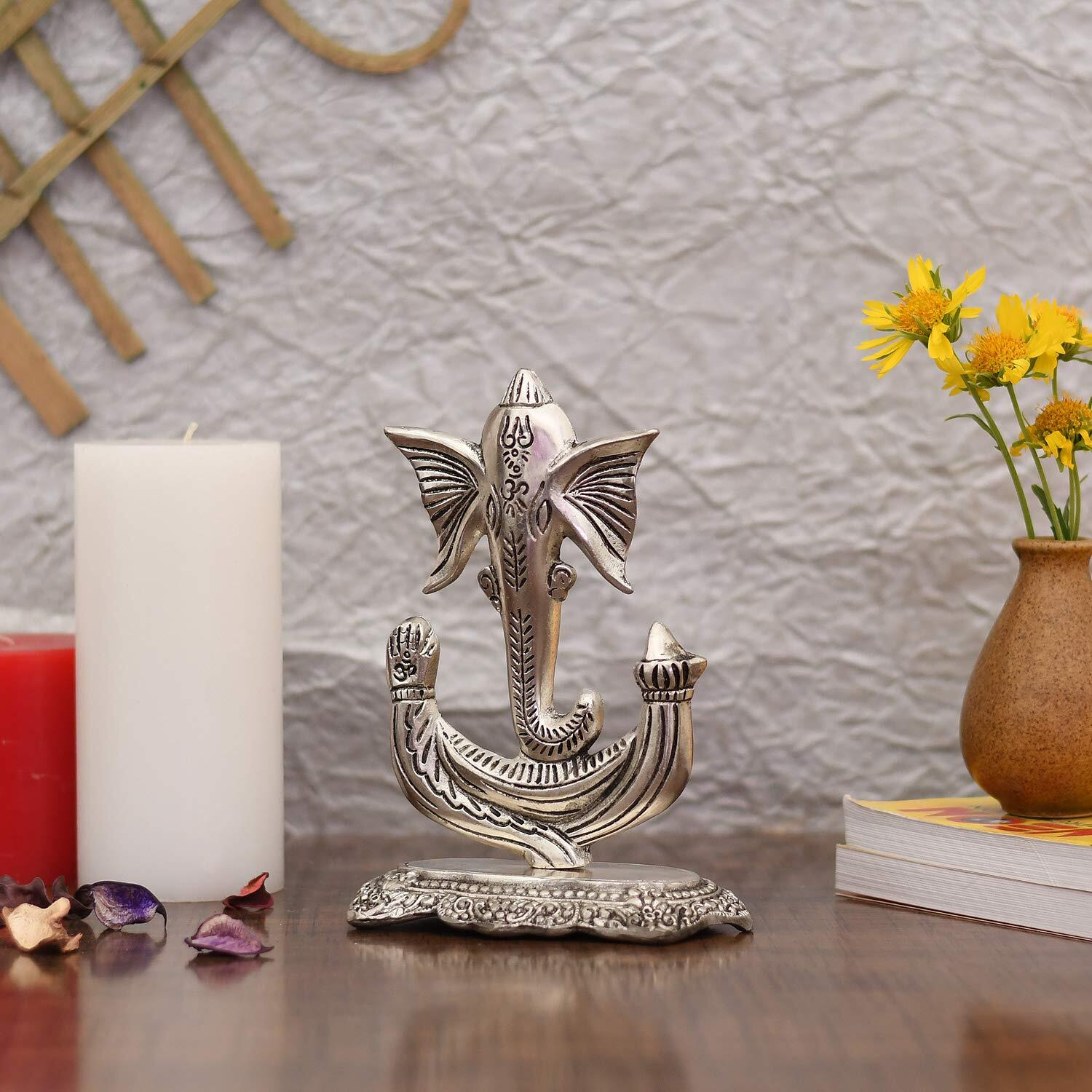 Collectible India Metal Ganesha Idol Showpiece for Gift & Home Decor - Silver Plated Ganesh Ganpati Statue for Pooja Temple Office Decoration Gifts