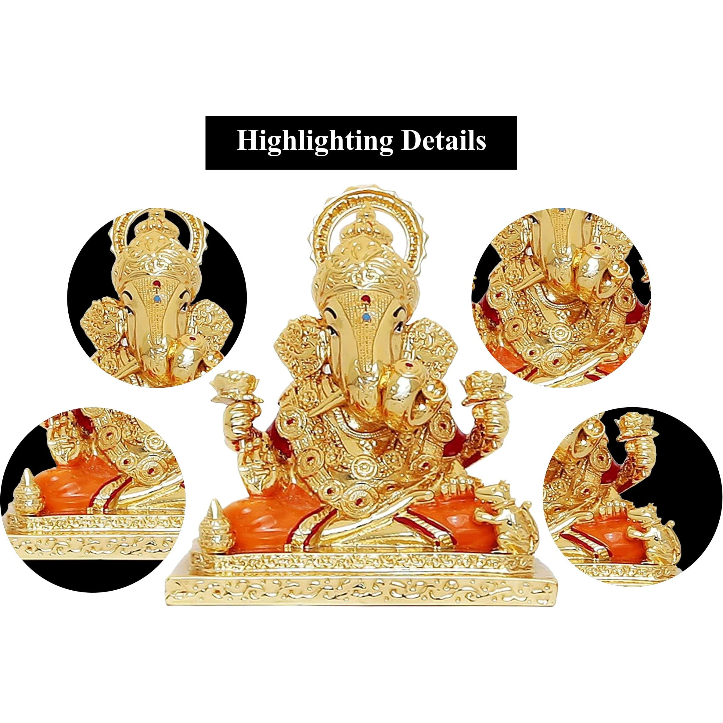 R P Collections Dagdusheth Ganesh Idols Gold Plated dagdusheth ganpati murti for Car Dashboard, Office Desk & Home 24k Gold Plated Ceramic (Gold)