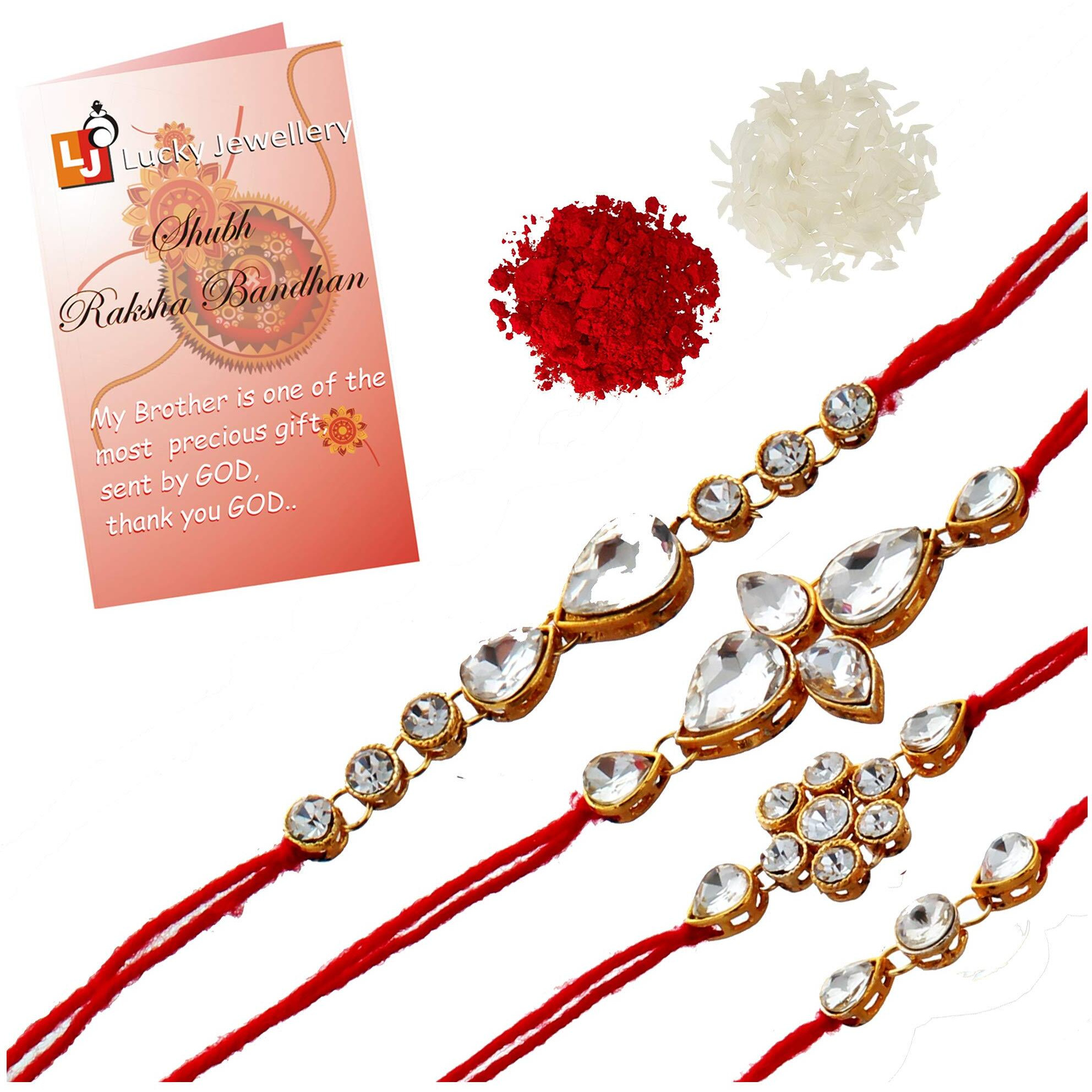 Lucky Jewellery Unisex Adults Designer Fancy Traditional Gold Plated Red Thread White Stone Rakhi- Pack of 4 Bracelet