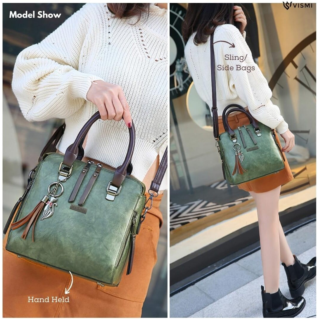VISMIINTREND Green Leather Sling Satchel Handbag for Women & Girls| Casual Shoulder Bag for Travel, Office, College | Side Purse for Birthday, Anniversary Gift for Wife/Mother & Rakhi Gifts for Sister