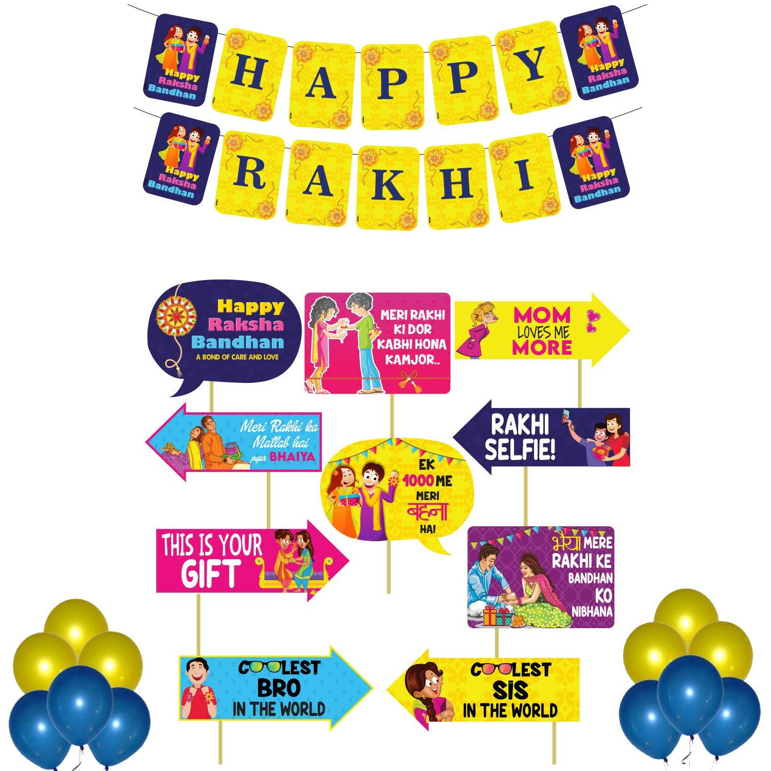 Festiko Raksha Bandhan Photo Booth Props, Banner, Rakhi Combo Deecoration/Rakhi Props for Rakhi Gift for Brother and Sister Props/Happy Rakhi Banner (Raksha Bandhan Decoration Combo_1)