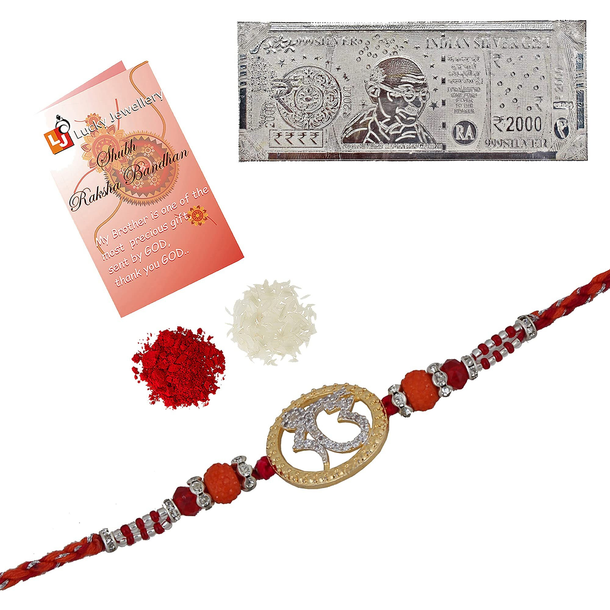 Lucky Jewellery 18 K Gold Plated American Diamond AD 99.99 Silver Pure Chandi Two Thousand Rupee Note Ek Onkar Sardarji Rakhi Ik Onkar Sikh Religious Bracelet for Men Women (495-S5R1-8961A-1N)