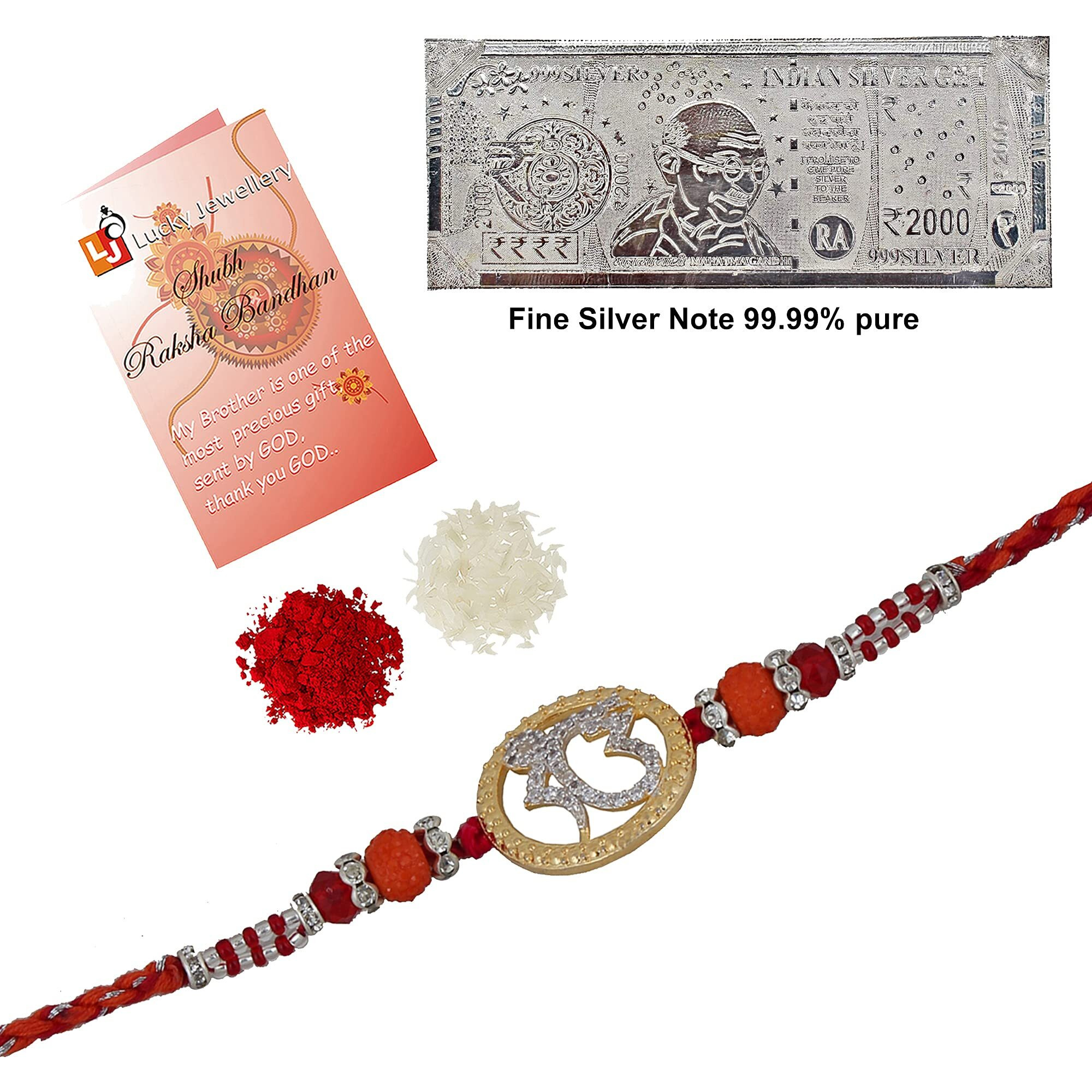 Lucky Jewellery 18 K Gold Plated American Diamond AD 99.99 Silver Pure Chandi Two Thousand Rupee Note Ek Onkar Sardarji Rakhi Ik Onkar Sikh Religious Bracelet for Men Women (495-S5R1-8961A-1N)