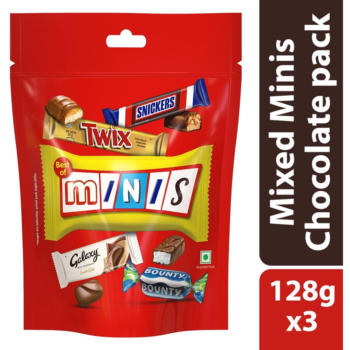 Snickers Best of Minis Assorted Chocolates, Rakhi Gift Pack, Snickers Minis, Twix Minis, Galaxy Smooth Milk Minis, Bounty Minis, 128g, Pack of 3