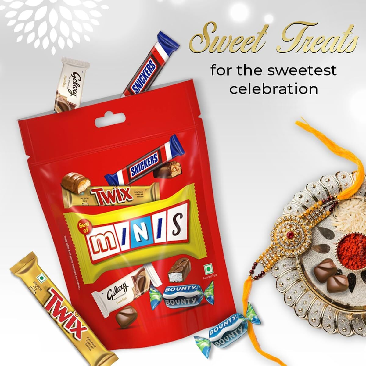 Snickers Best of Minis Assorted Chocolates, Rakhi Gift Pack, Snickers Minis, Twix Minis, Galaxy Smooth Milk Minis, Bounty Minis, 128g, Pack of 3