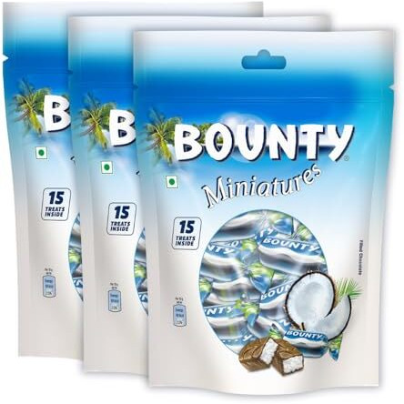 Bounty Miniatures Coconut Filled Chocolate Pack, Rakhi Gift Pack, Soft & Tender Coconut in the Centre, 13 Imported Mini Treats Inside, 130g, Pack of 3