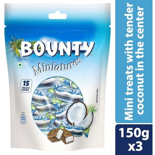 Bounty Miniatures Coconut Filled Chocolate Pack, Rakhi Gift Pack, Soft & Tender Coconut in the Centre, 13 Imported Mini Treats Inside, 130g, Pack of 3