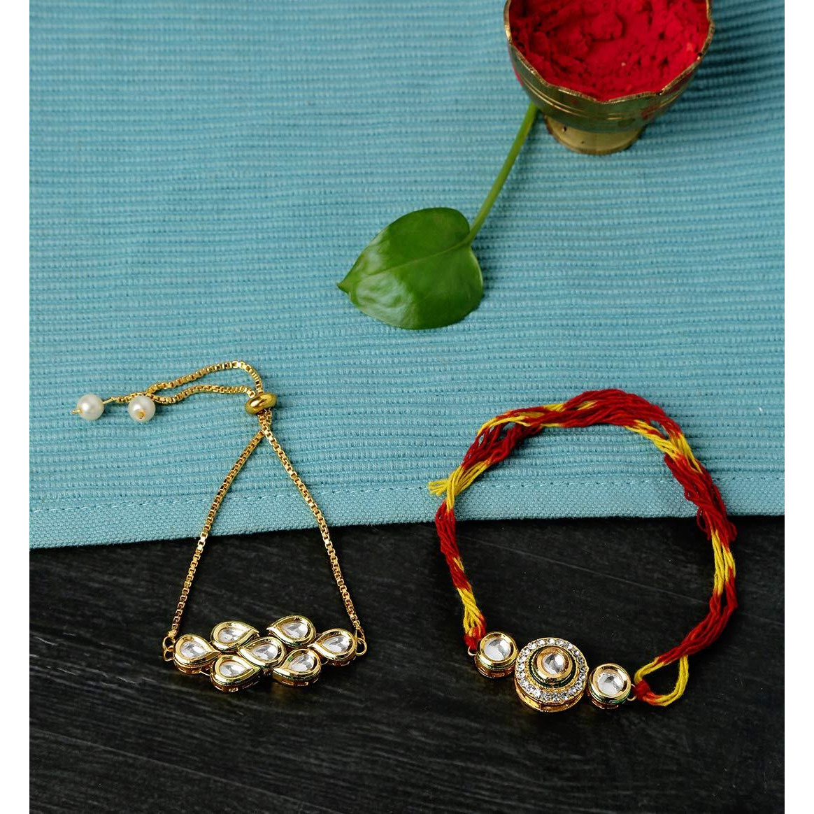 Yellow Chimes Rakhi for Brother and Bhabhi Gold Plated Kundan Bhaiya Bhabhi Rakhi Set Handmade Dori Worked Rakhi Combo of 2 PCs Men Rakhi Bracelet With Roli & Chawal