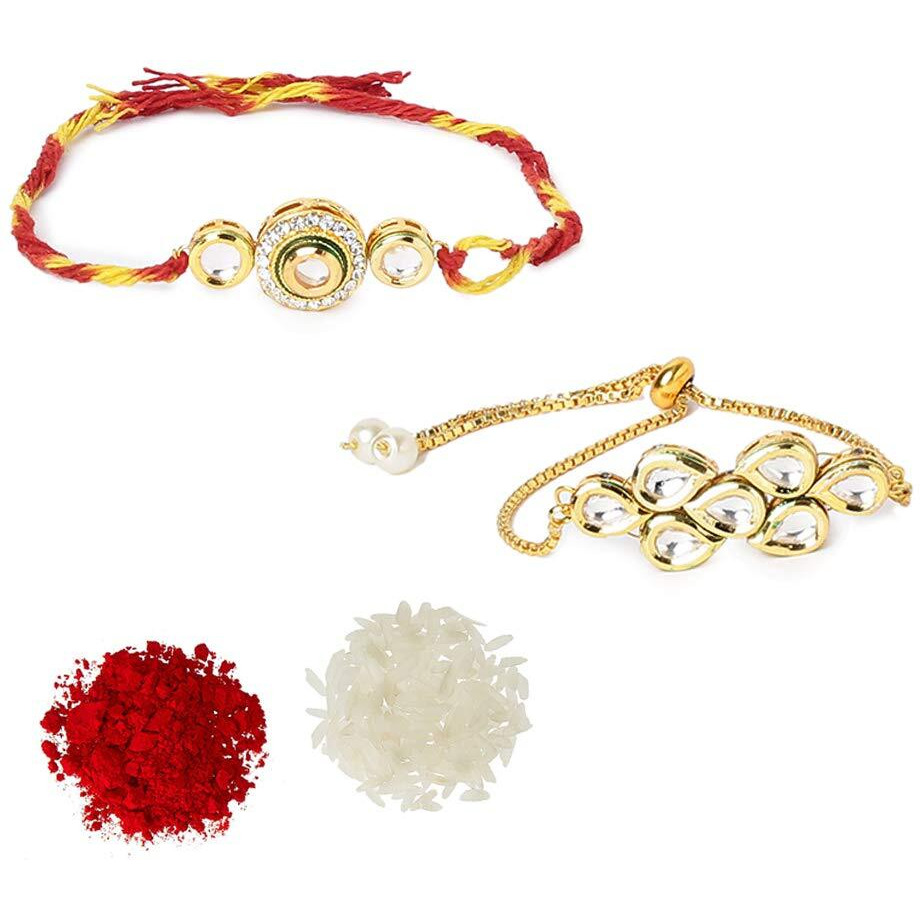 Yellow Chimes Rakhi for Brother and Bhabhi Gold Plated Kundan Bhaiya Bhabhi Rakhi Set Handmade Dori Worked Rakhi Combo of 2 PCs Men Rakhi Bracelet With Roli & Chawal