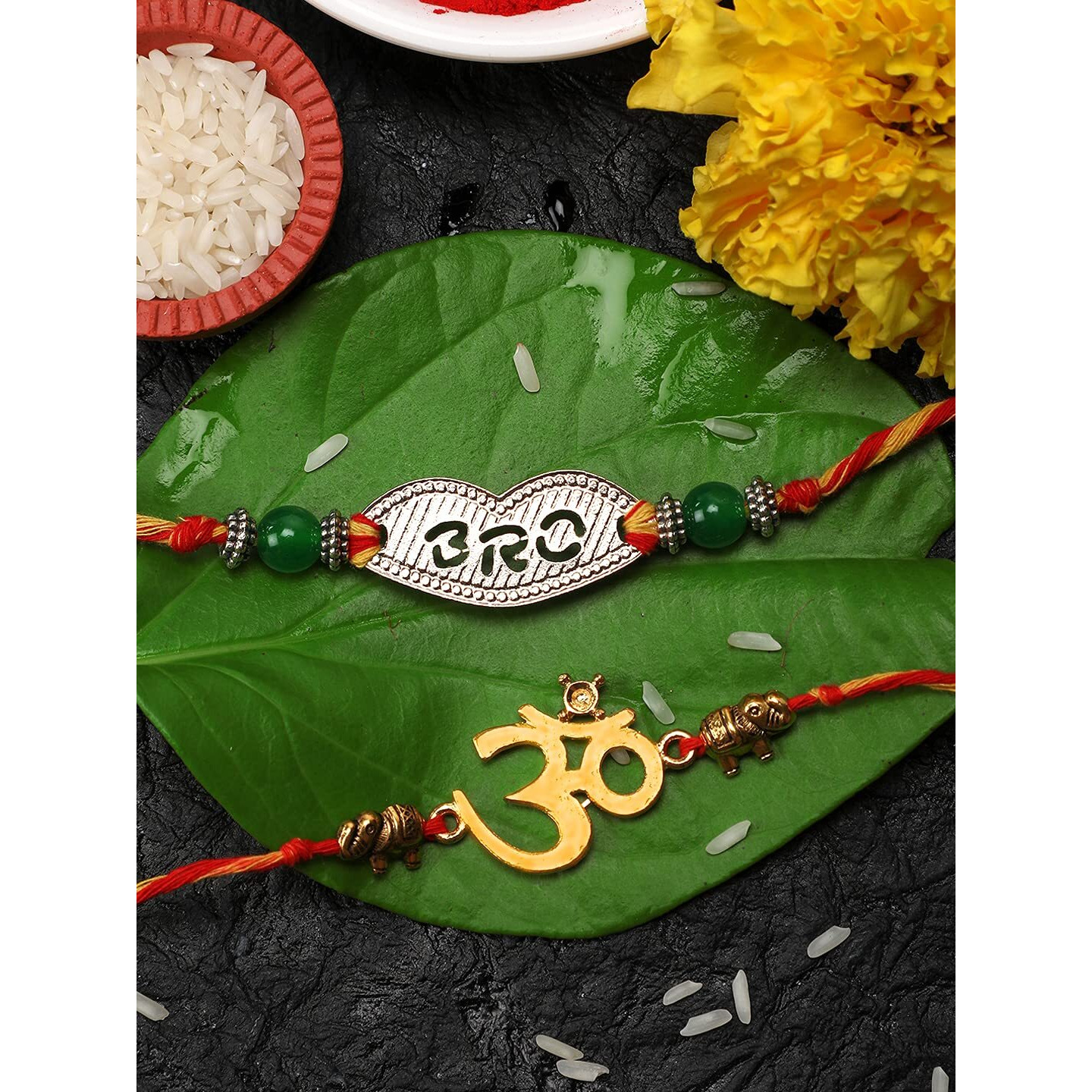 Yellow Chimes Set of 2 Pcs Handmade Dori Worked Silver and Gold Toned OM and BRO Engraved Design Rakhi for Brother with Roli & Chawal, Silver, Gold, Medium (YCTJRK-05BHAY-SLGL) for Men