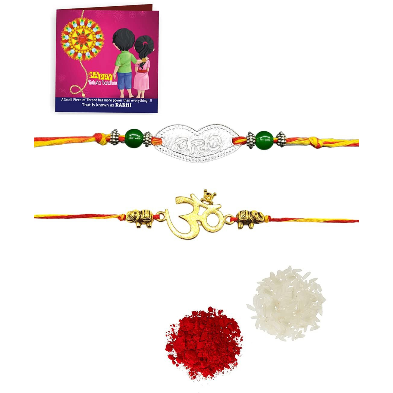 Yellow Chimes Set of 2 Pcs Handmade Dori Worked Silver and Gold Toned OM and BRO Engraved Design Rakhi for Brother with Roli & Chawal, Silver, Gold, Medium (YCTJRK-05BHAY-SLGL) for Men